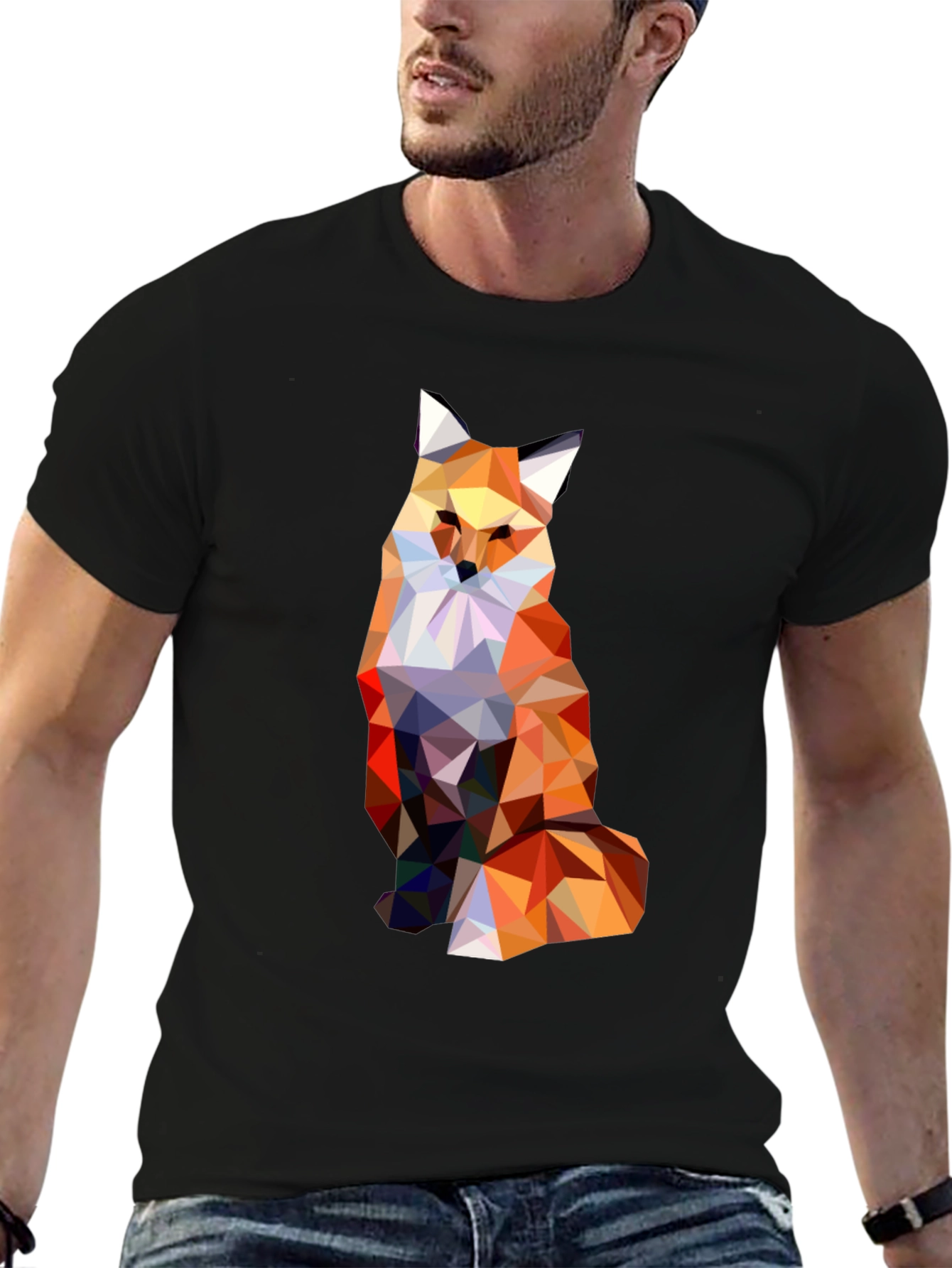 Geometric Fox Graphic Print Black T-Shirt