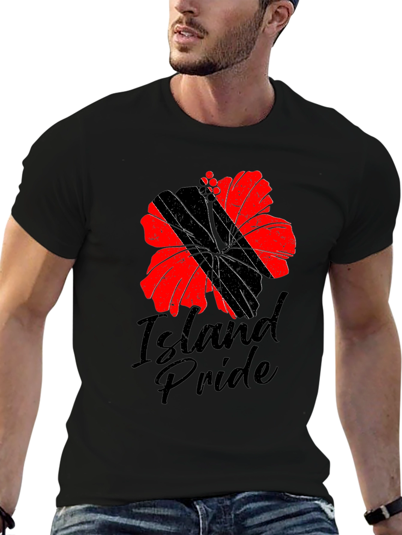 Island Pride Flower Graphic Tee - Casual Black T-Shirt