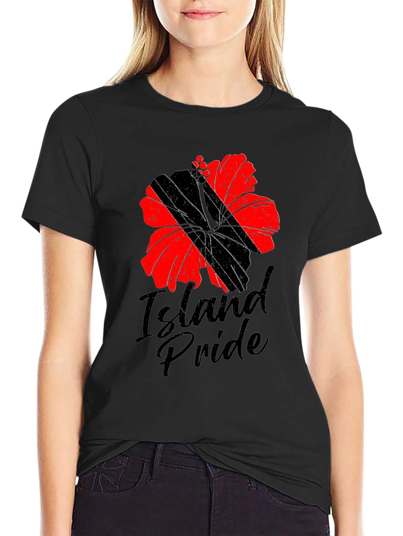 Island Pride Flower Graphic Tee - Casual Black T-Shirt