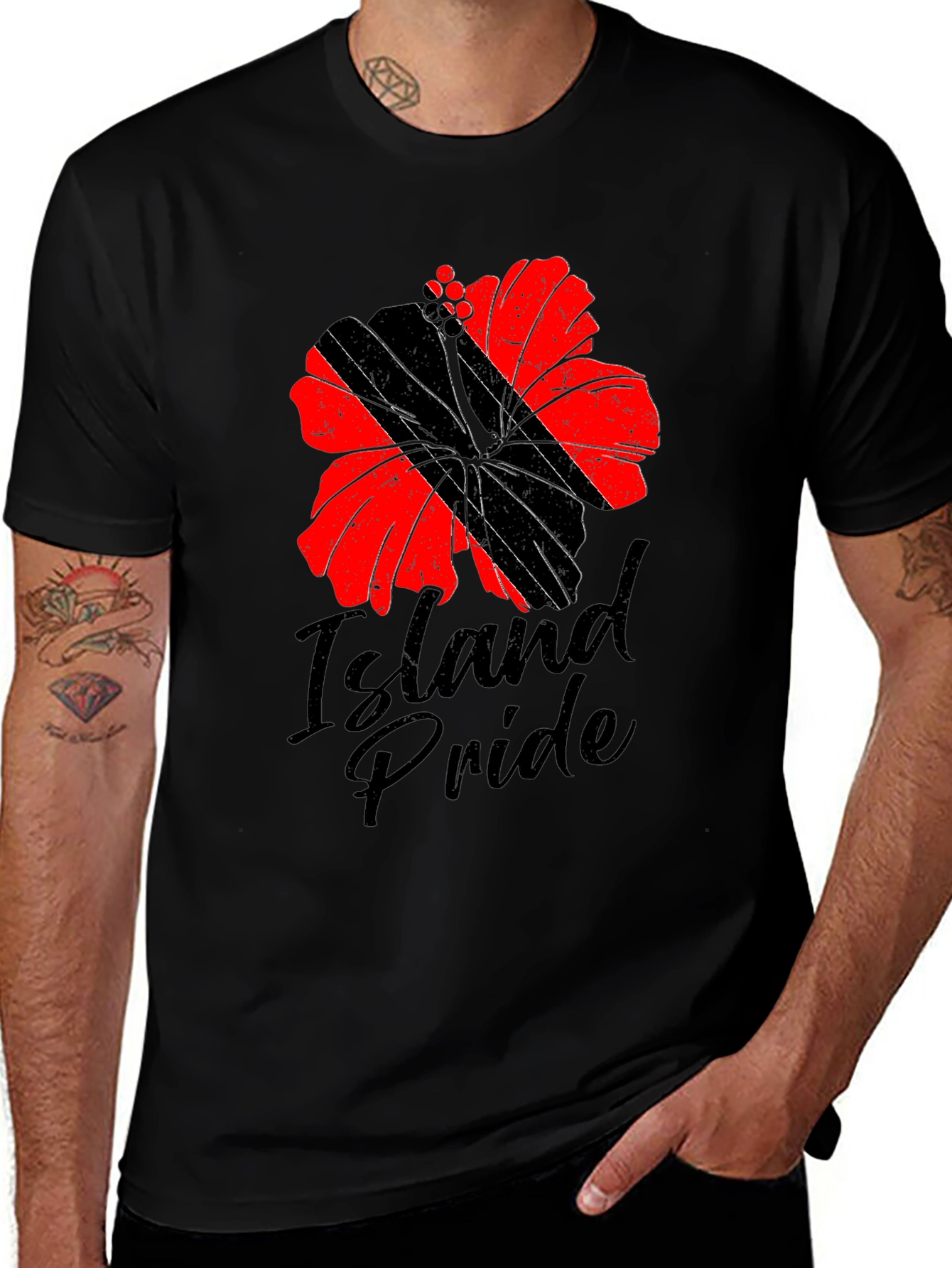 Island Pride Flower Graphic Tee - Casual Black T-Shirt