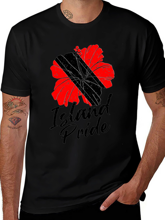 Island Pride Flower Graphic Tee - Casual Black T-Shirt