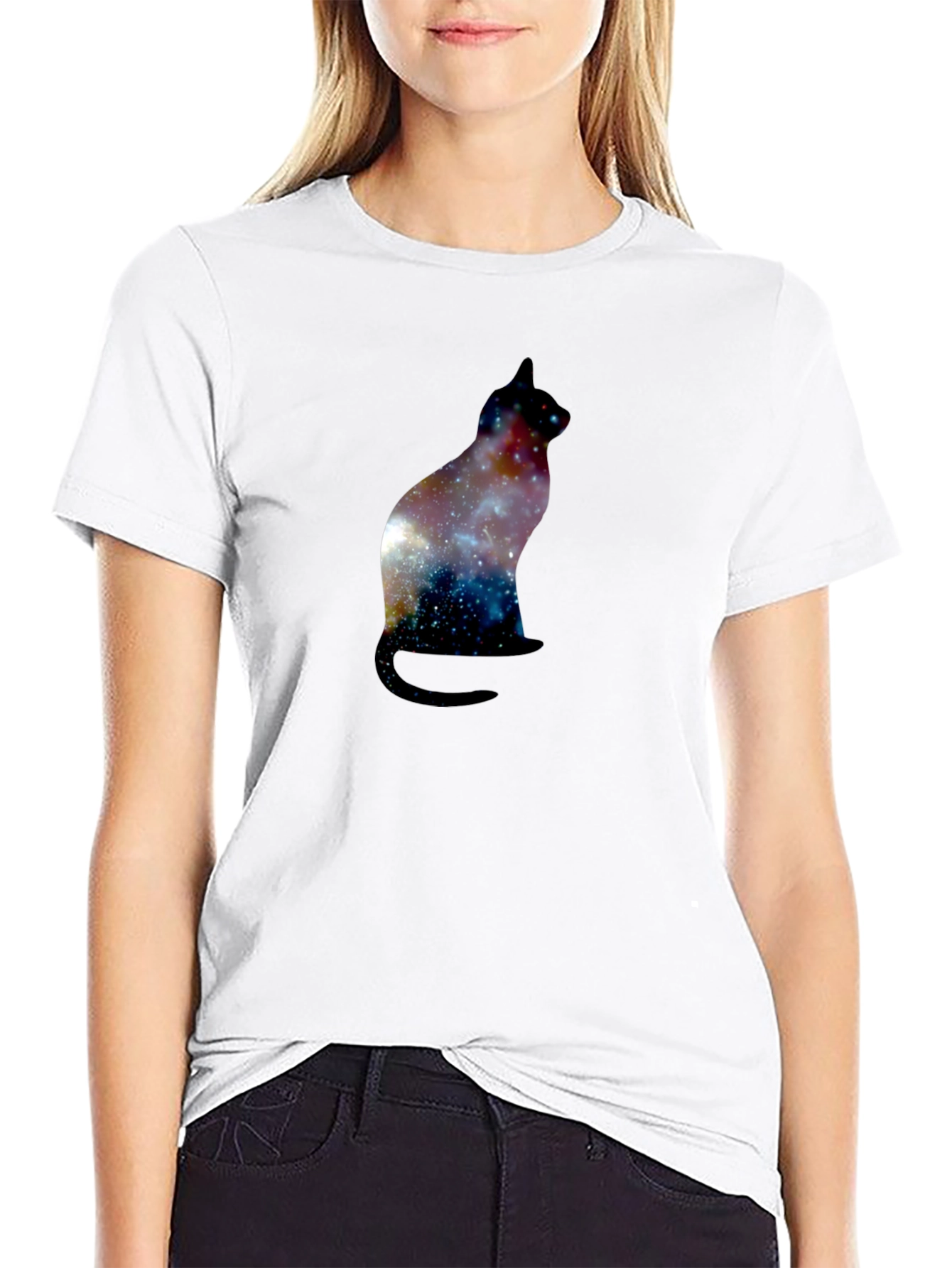 Galaxy Cat Silhouette Black T-Shirt