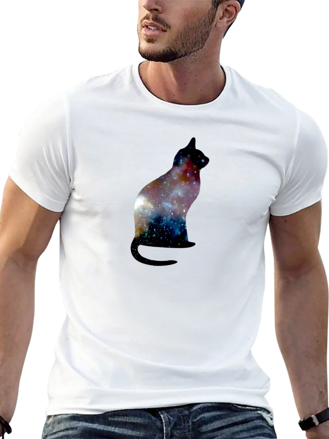 Galaxy Cat Silhouette Black T-Shirt