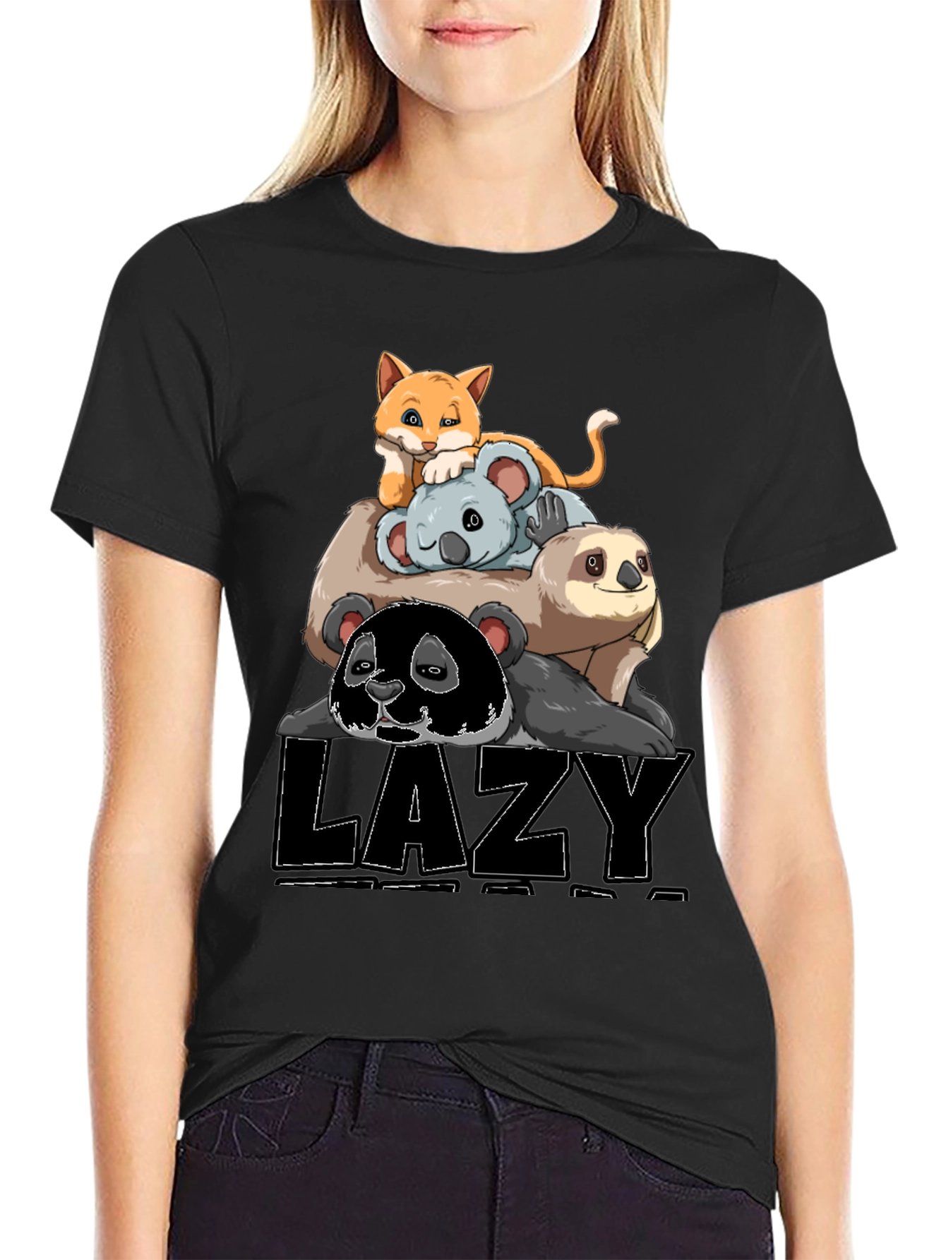 Lazy Animal Stack T-Shirt: Panda Sloth Koala Cat