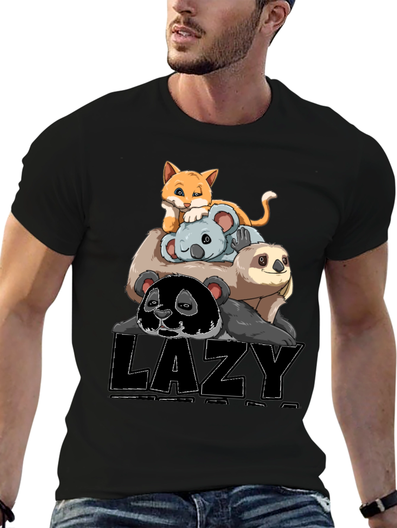 Lazy Animal Stack T-Shirt: Panda Sloth Koala Cat