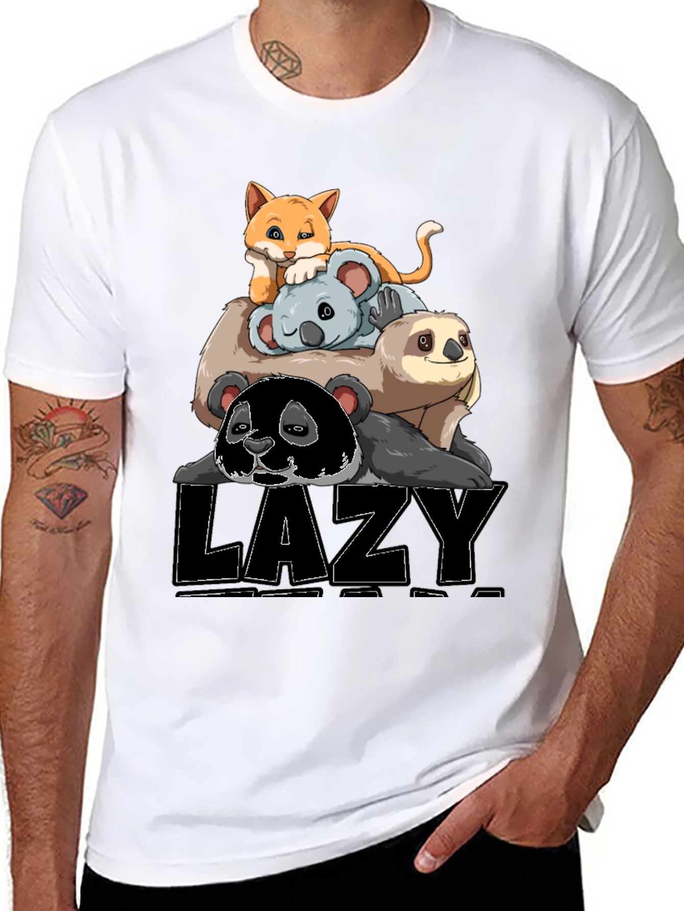 Lazy Animal Stack T-Shirt: Panda Sloth Koala Cat