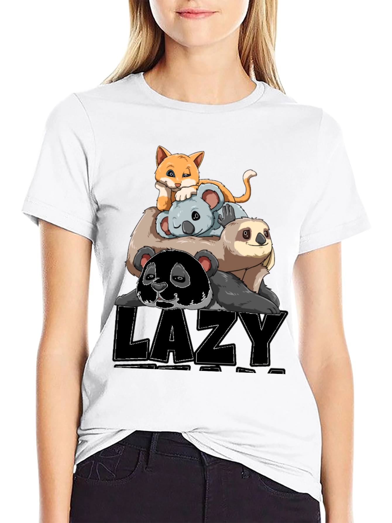 Lazy Animal Stack T-Shirt: Panda Sloth Koala Cat