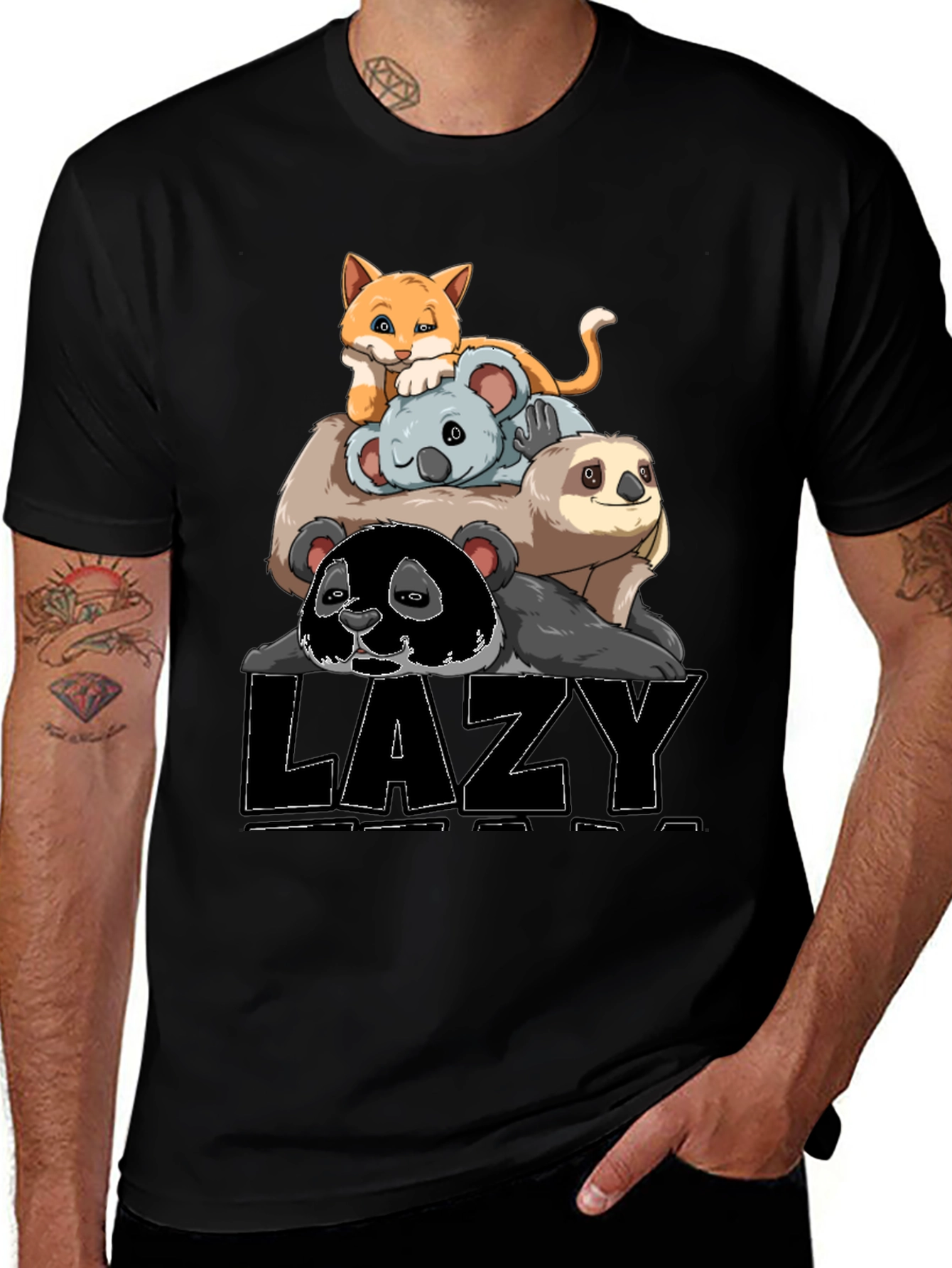 Lazy Animal Stack T-Shirt: Panda Sloth Koala Cat