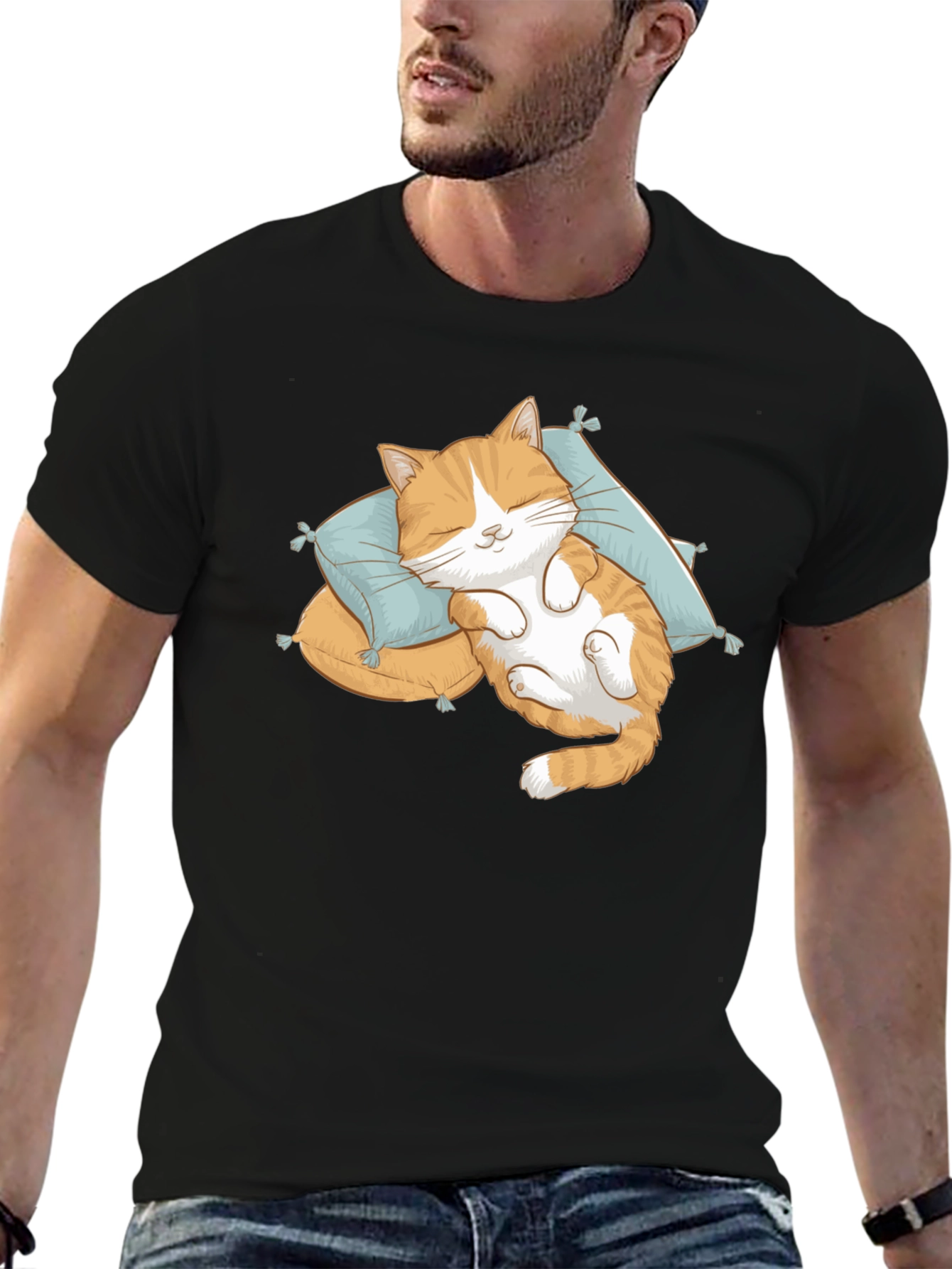 Cute Sleeping Cat Black T-Shirt