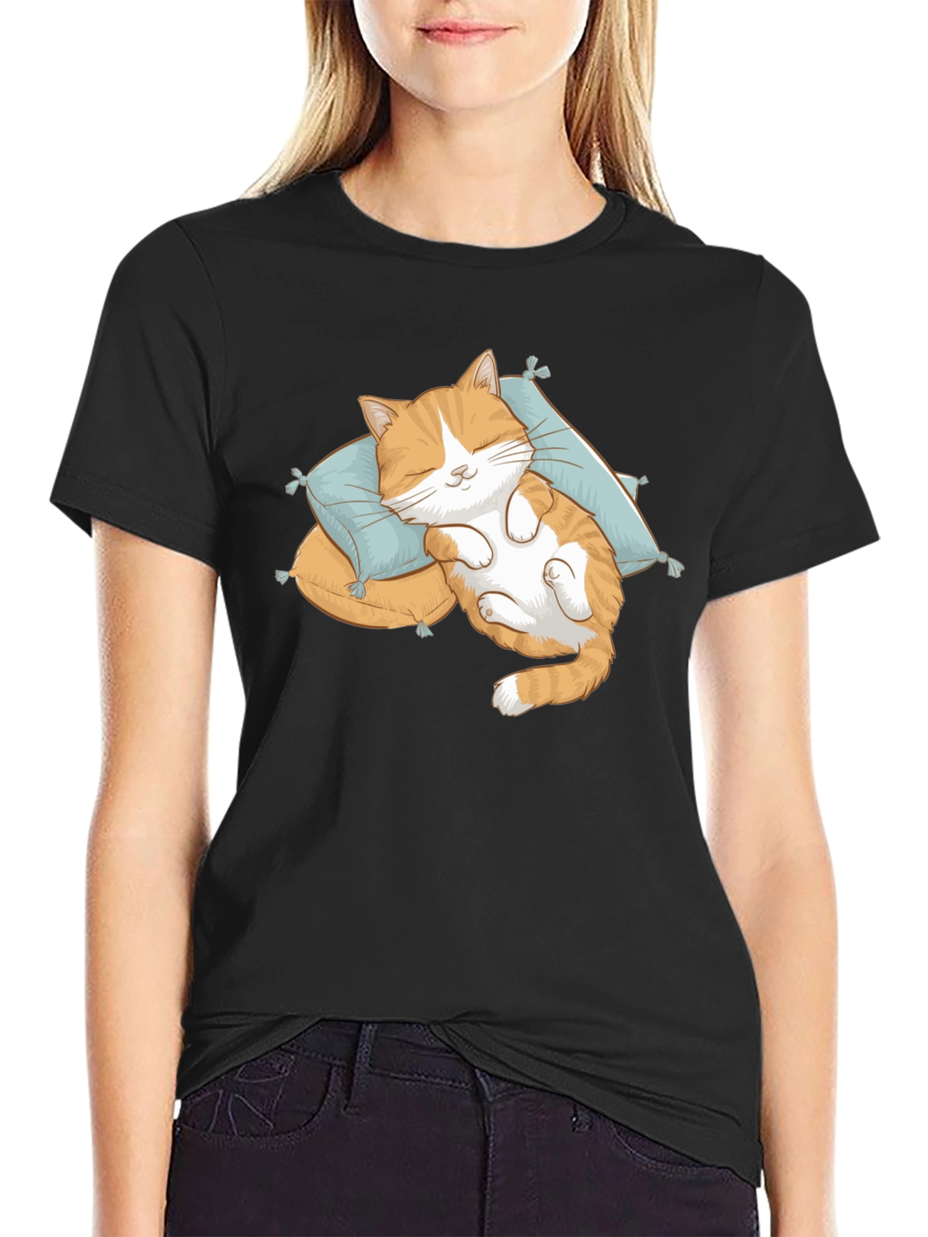 Cute Sleeping Cat Black T-Shirt