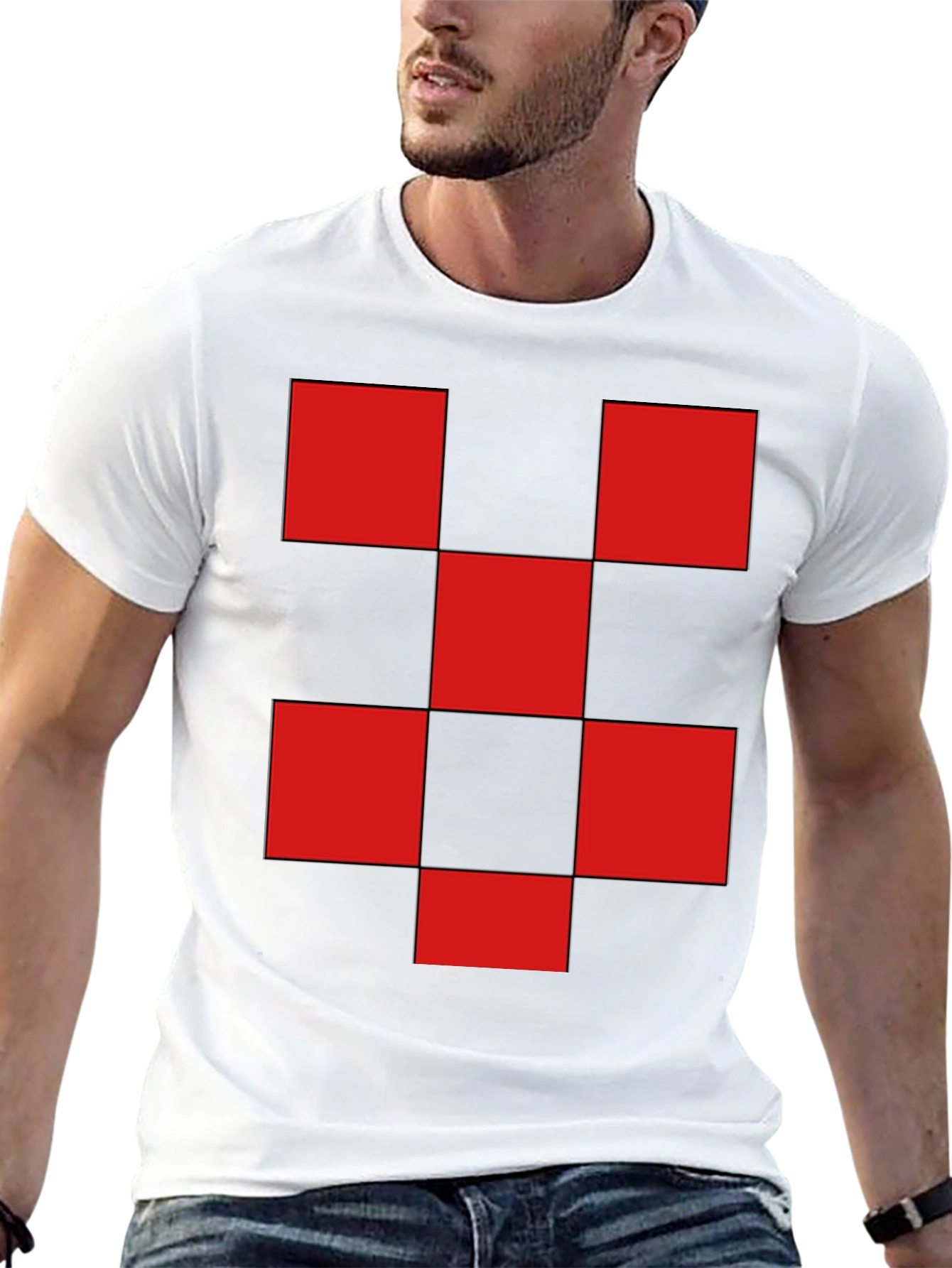 Red Checkered Graphic Print Black T-Shirt