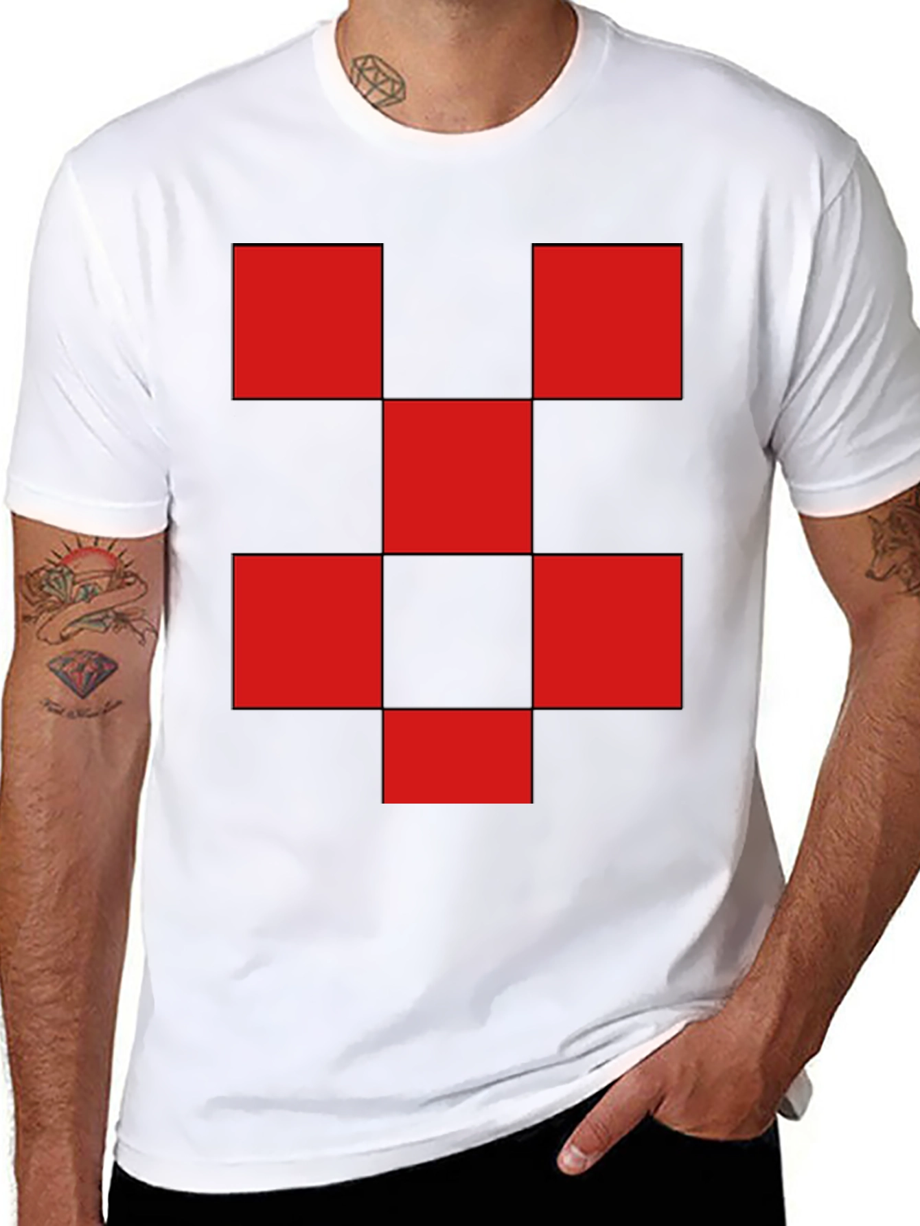 Red Checkered Graphic Print Black T-Shirt