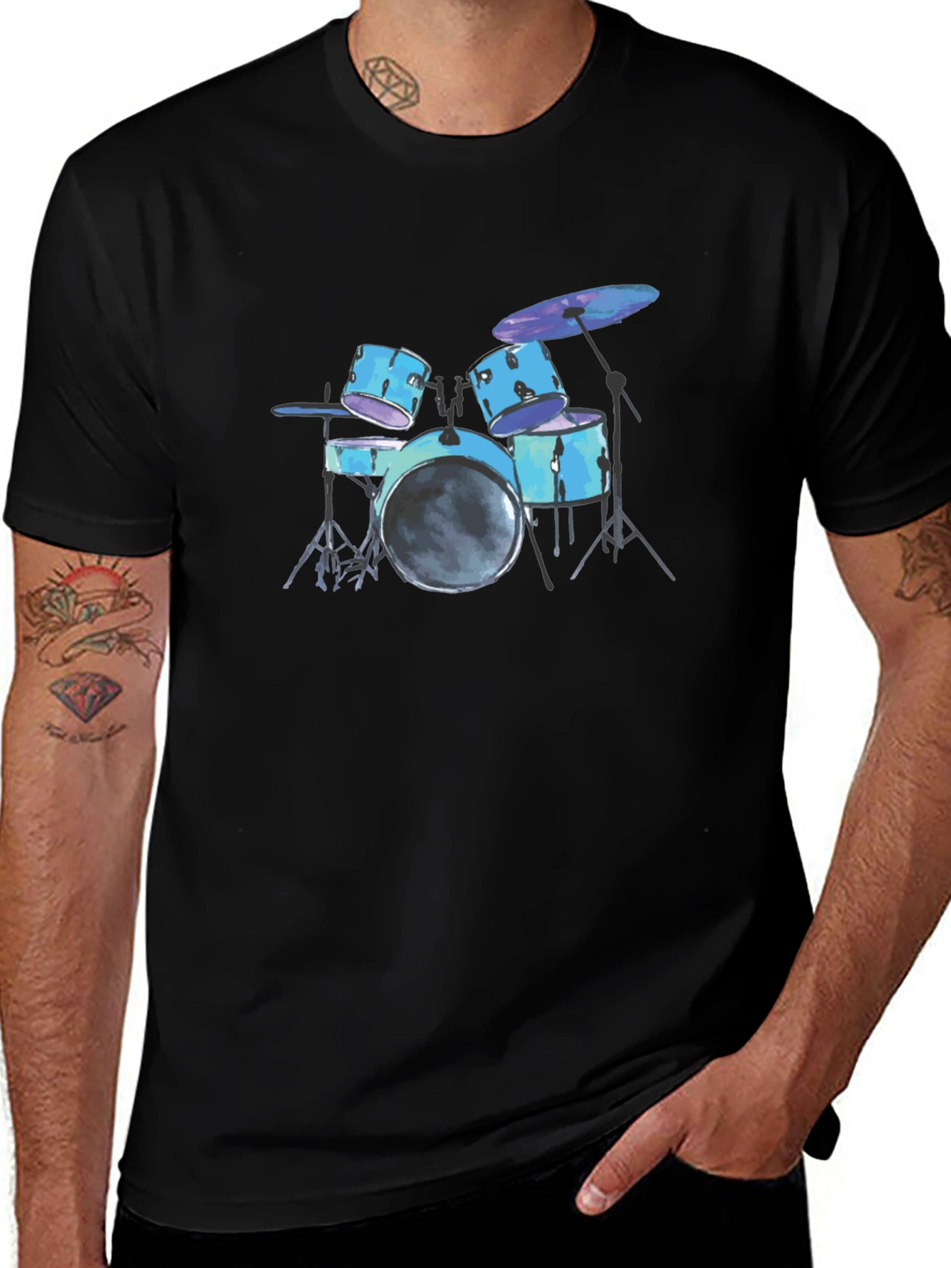 Drum Set Graphic Tee - Black Cotton T-Shirt