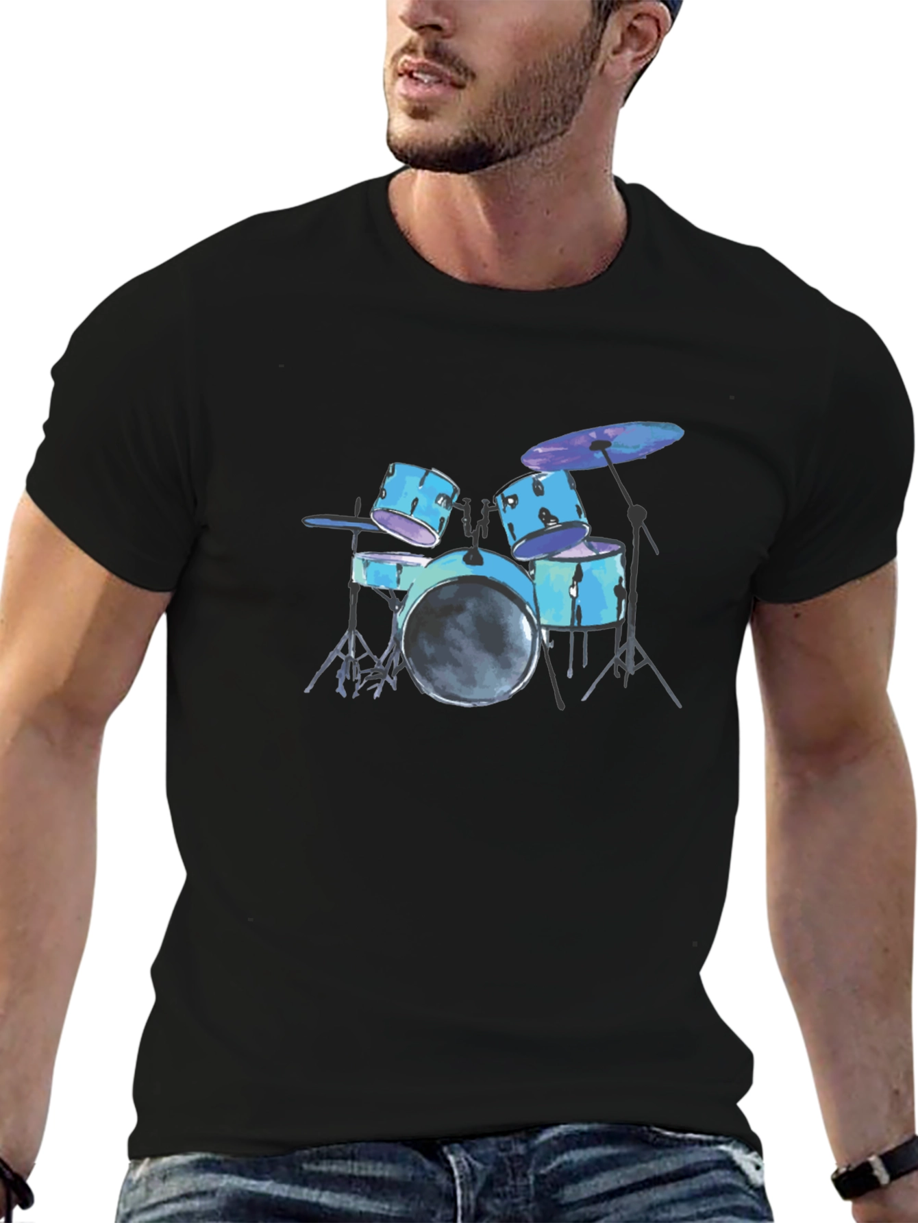 Drum Set Graphic Tee - Black Cotton T-Shirt