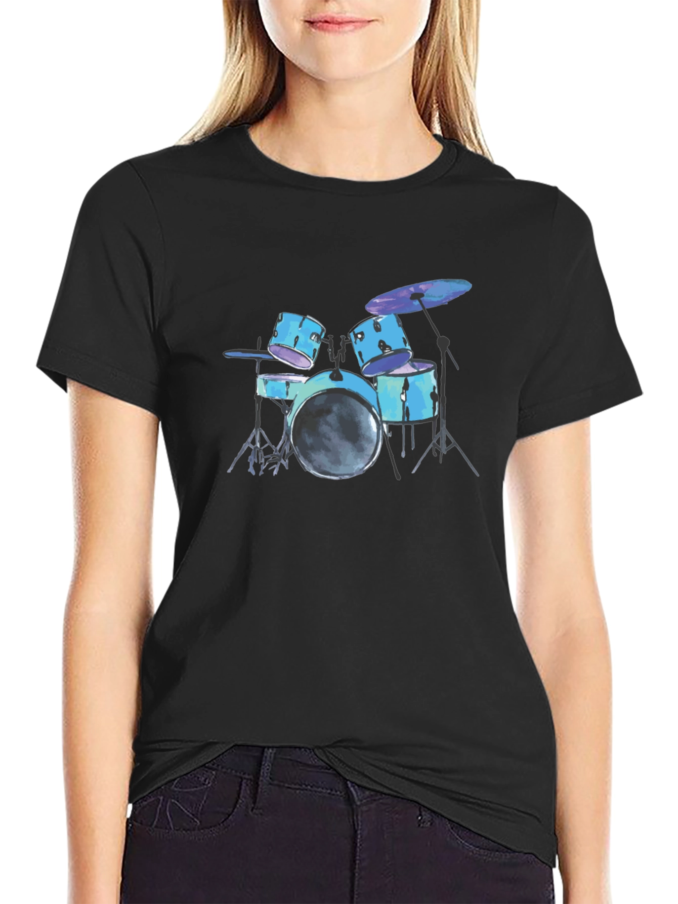 Drum Set Graphic Tee - Black Cotton T-Shirt