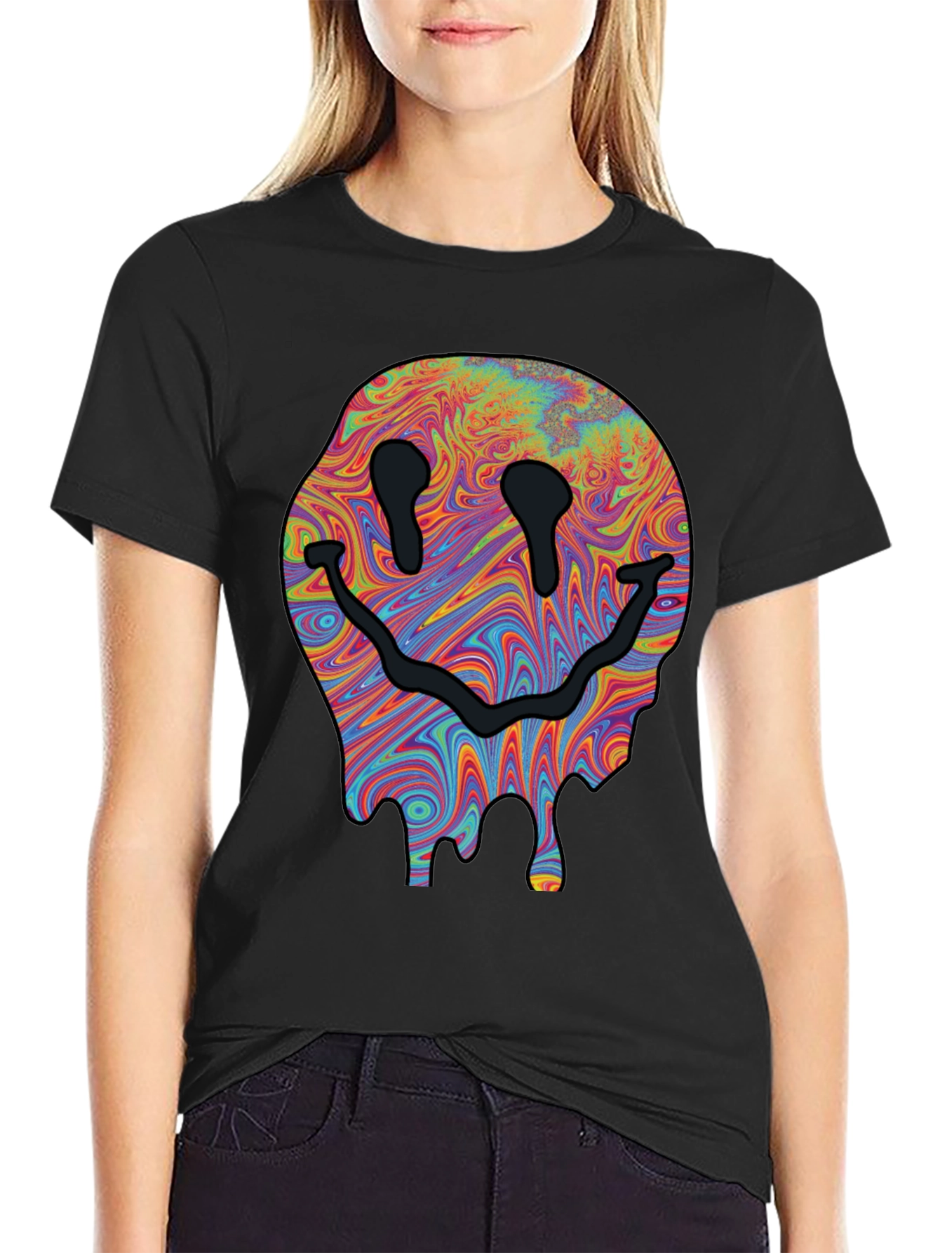 Melting Smiley Face Graphic Tee - Black