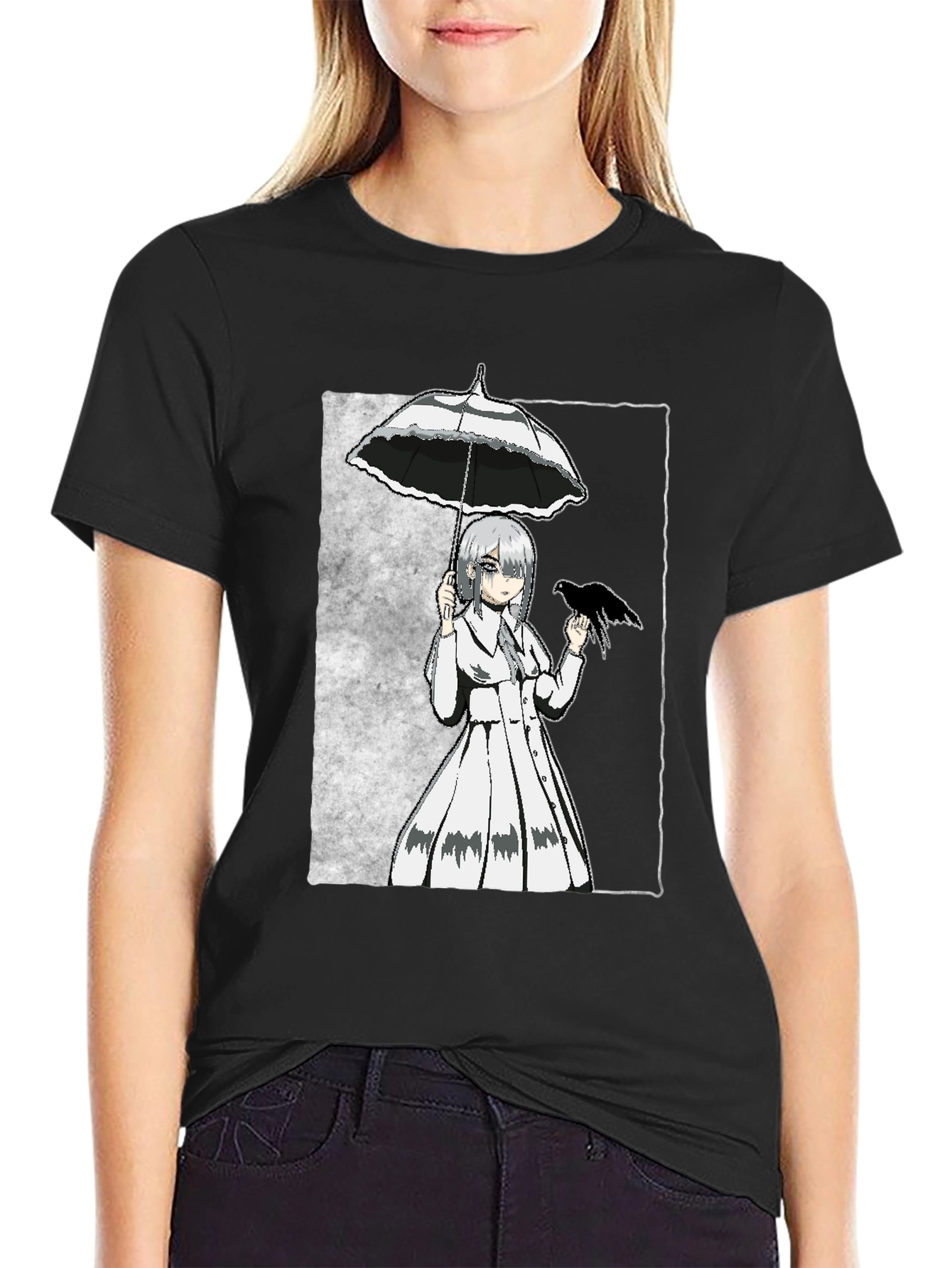 Anime Girl with Umbrella & Crow Graphic Tee