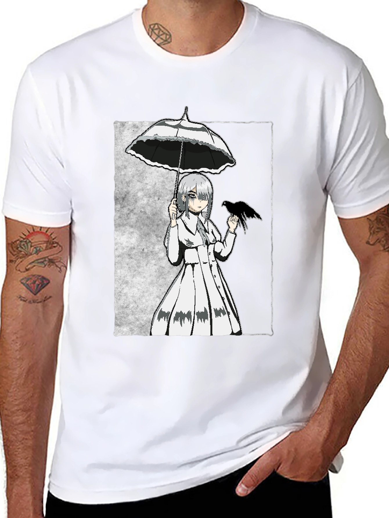 Anime Girl with Umbrella & Crow Graphic Tee