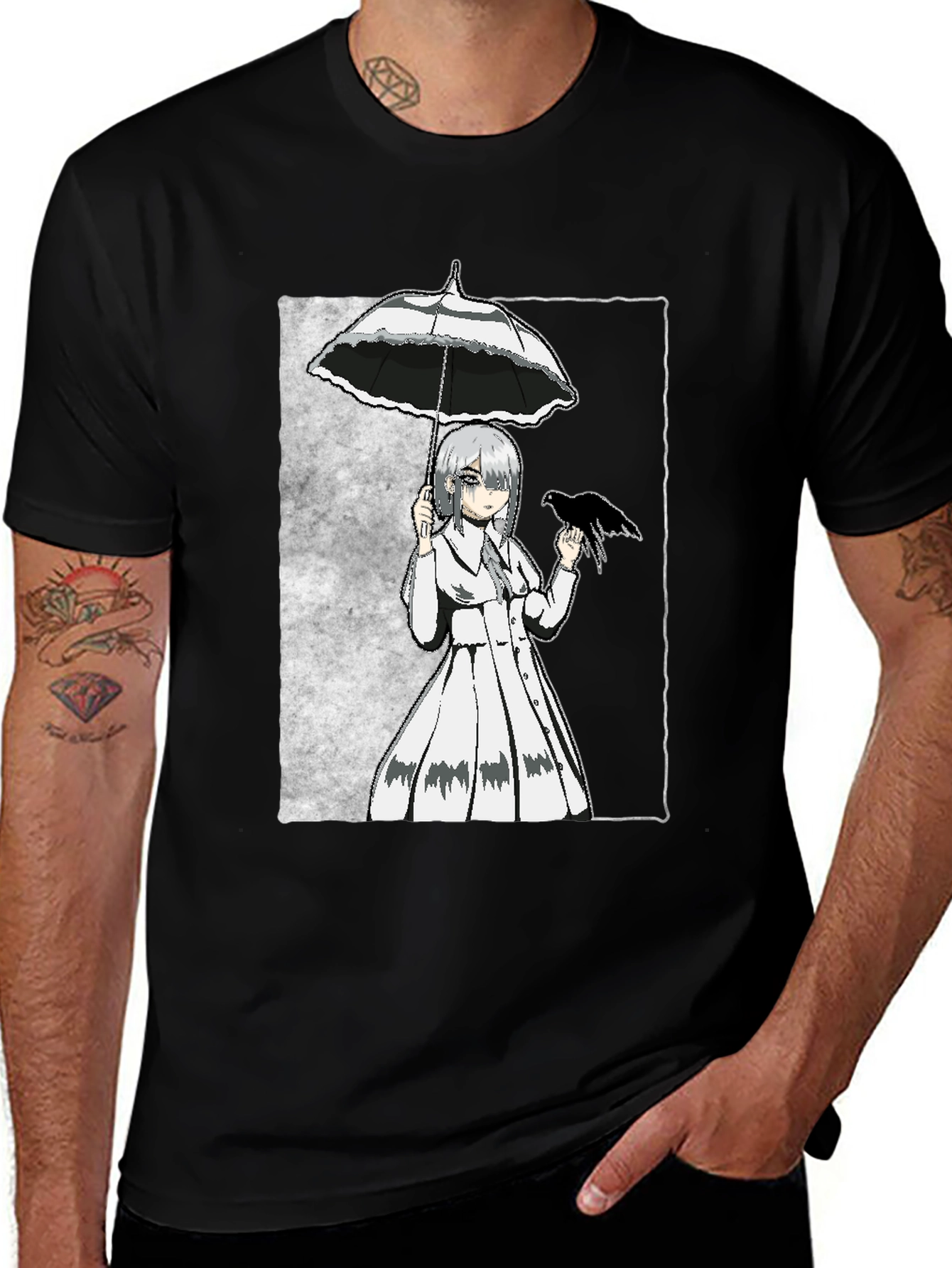 Anime Girl with Umbrella & Crow Graphic Tee