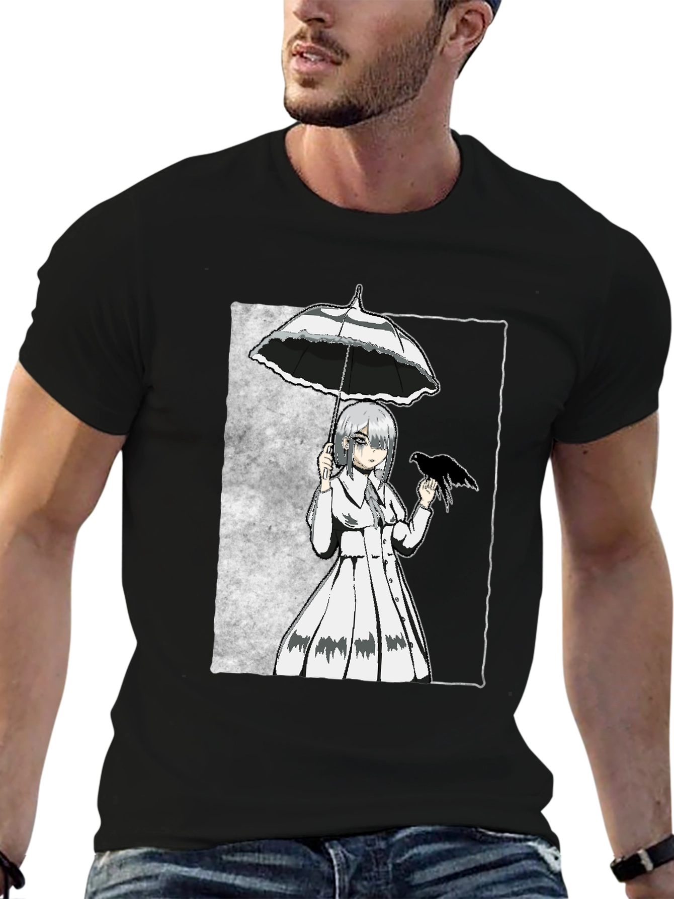 Anime Girl with Umbrella & Crow Graphic Tee