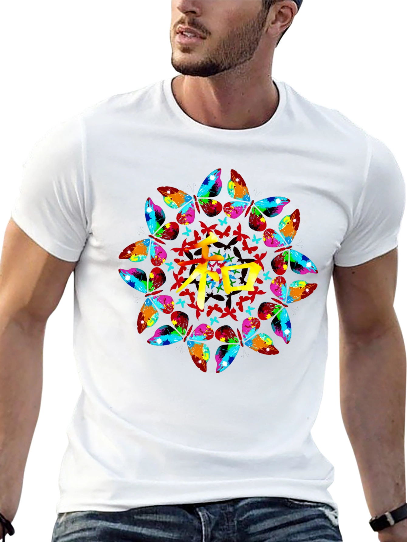 Butterfly Mandala Kanji Graphic Black T-Shirt