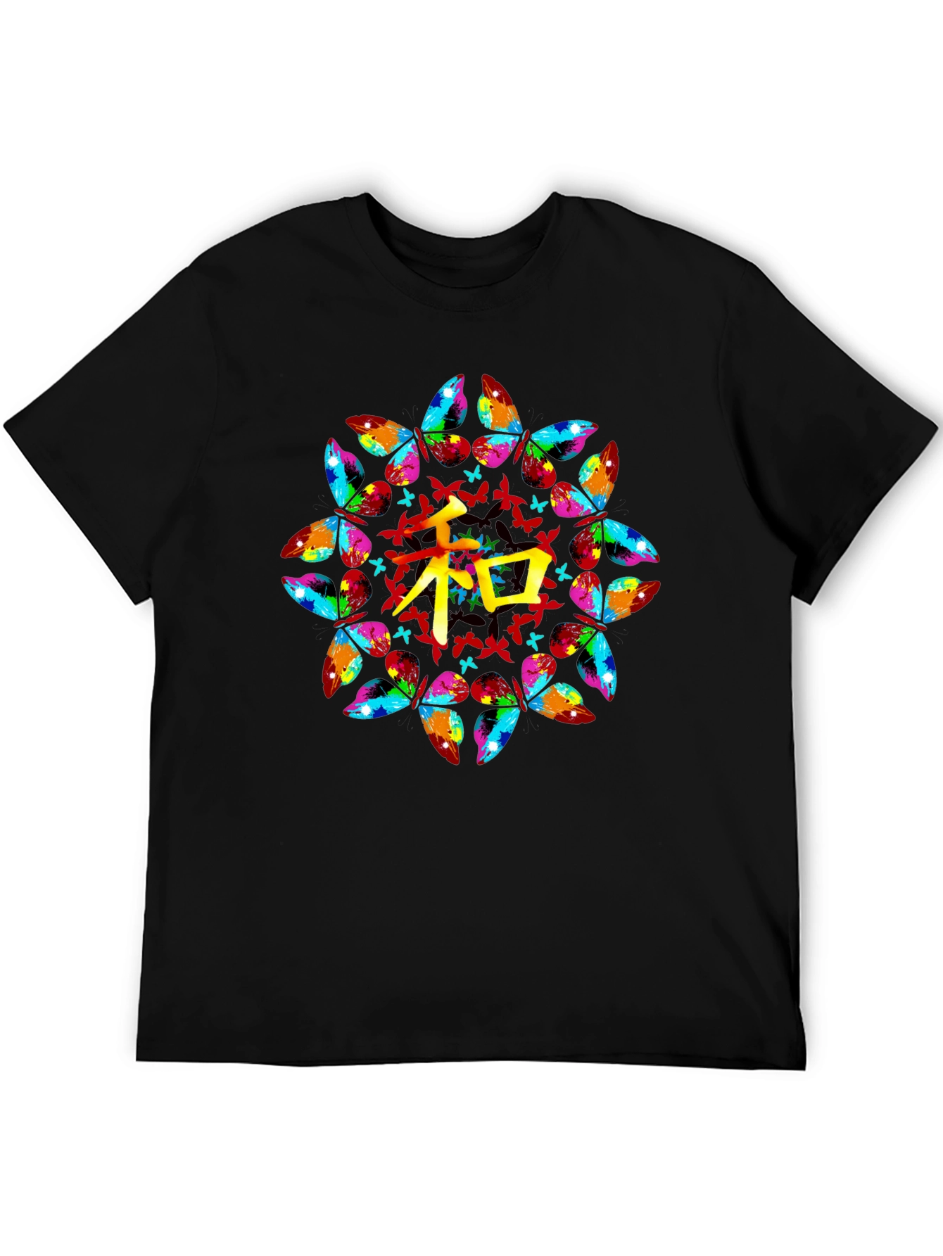 Butterfly Mandala Kanji Graphic Black T-Shirt
