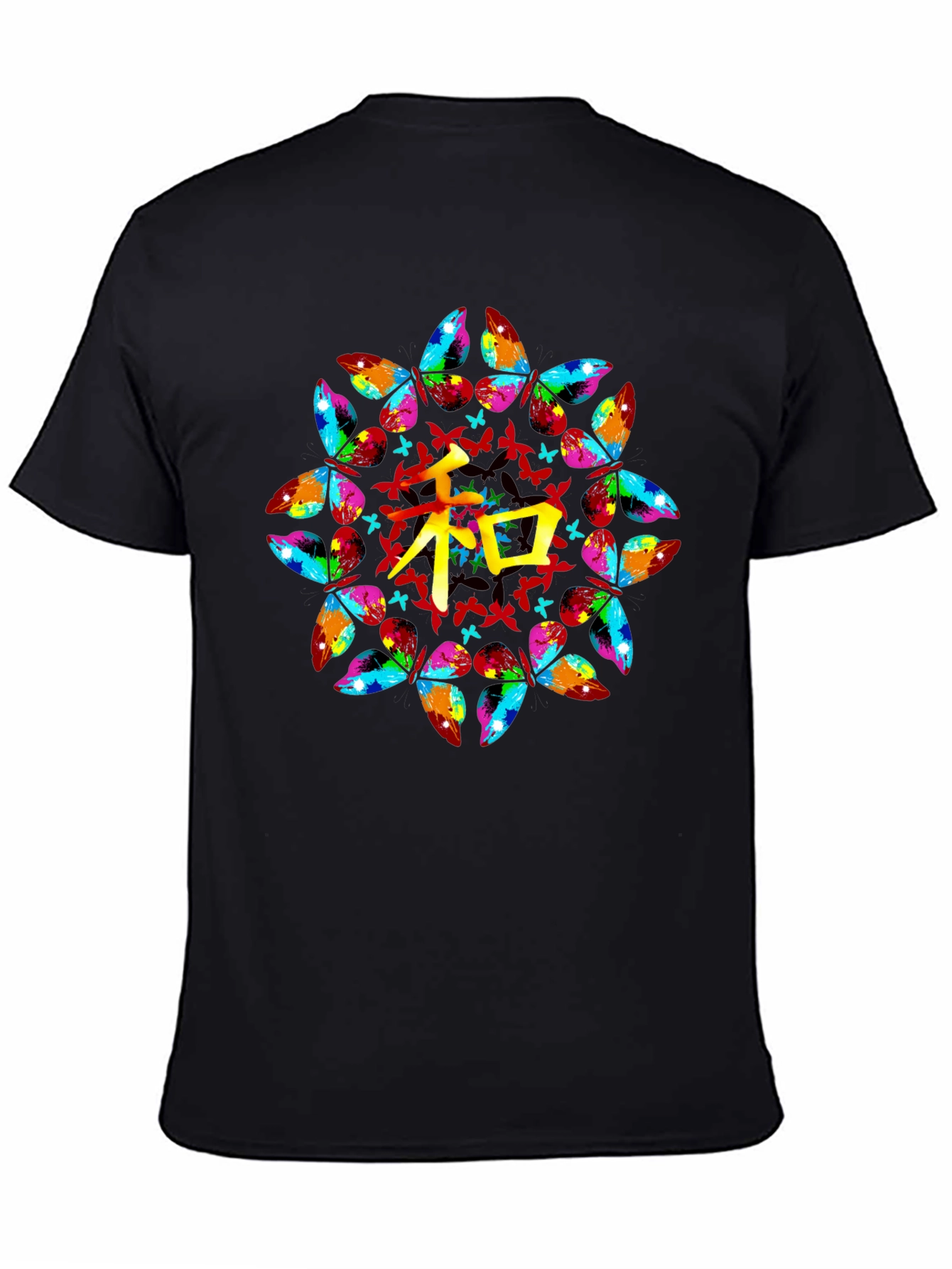 Butterfly Mandala Kanji Graphic Black T-Shirt
