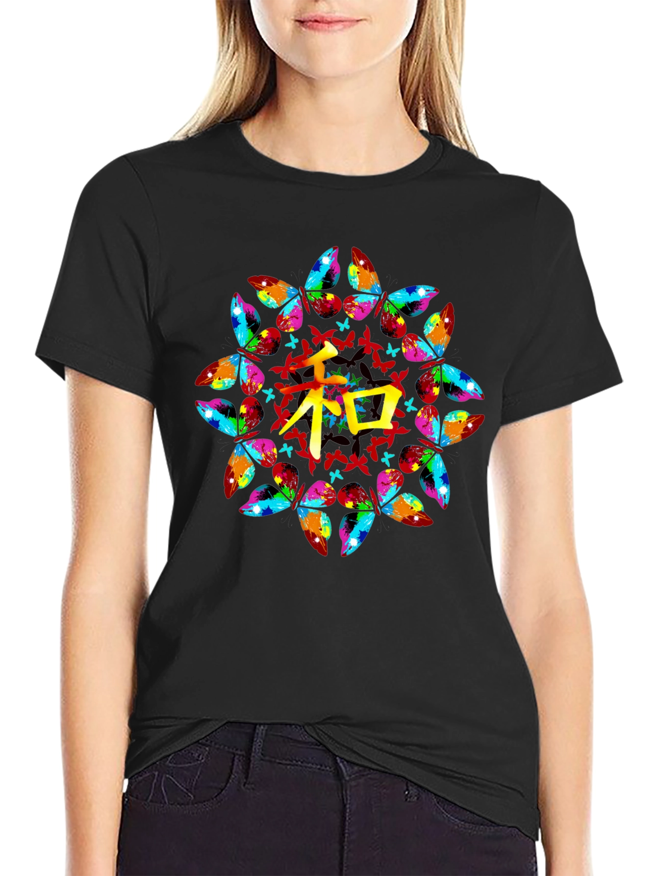 Butterfly Mandala Kanji Graphic Black T-Shirt