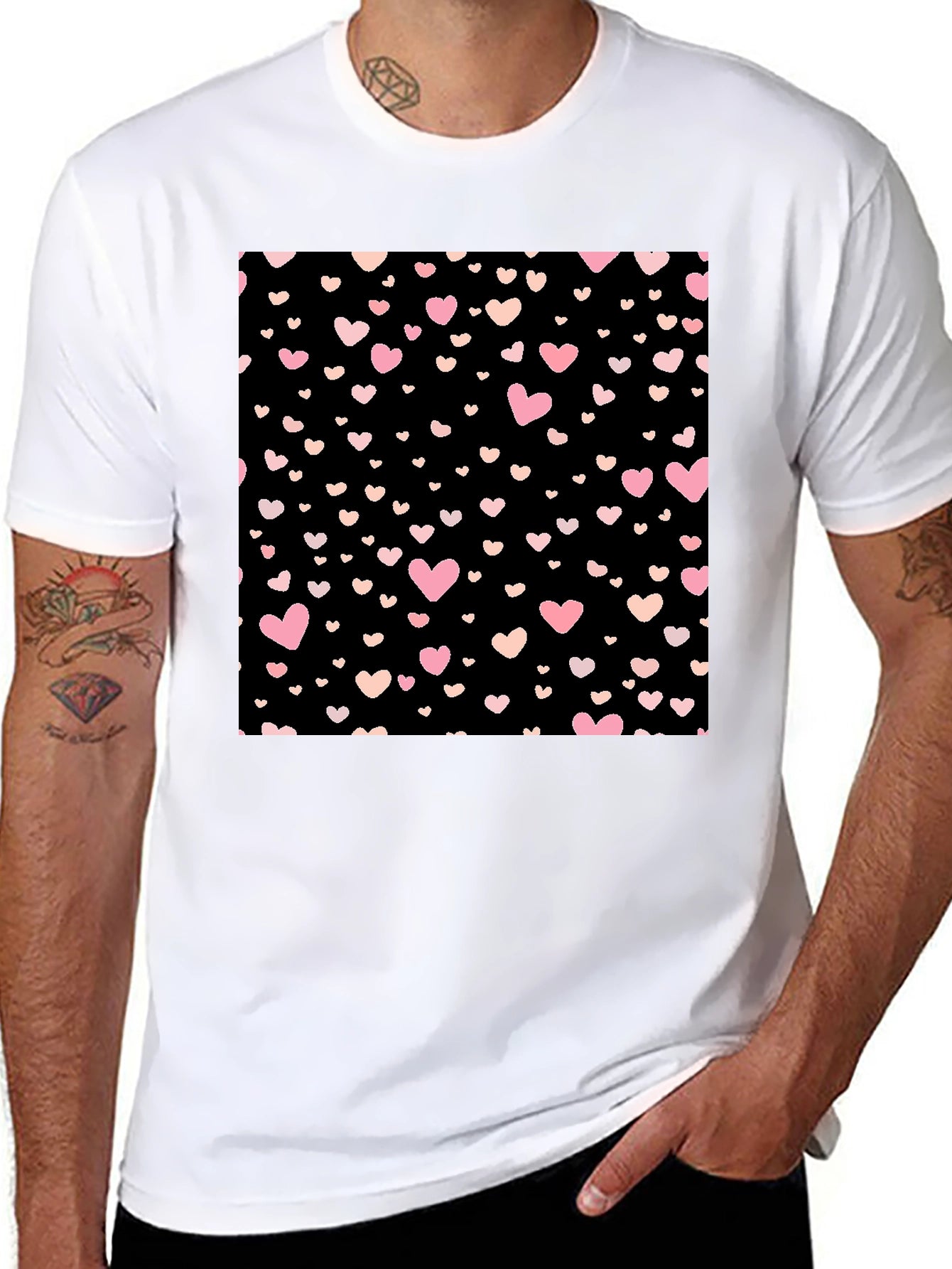 Heart Pattern Black Crew Neck T-Shirt