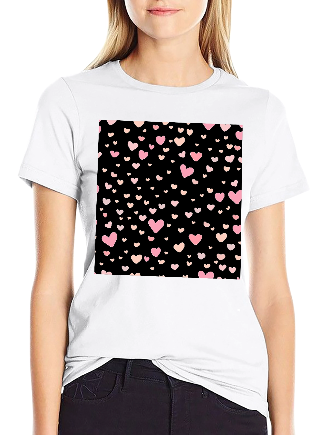 Heart Pattern Black Crew Neck T-Shirt