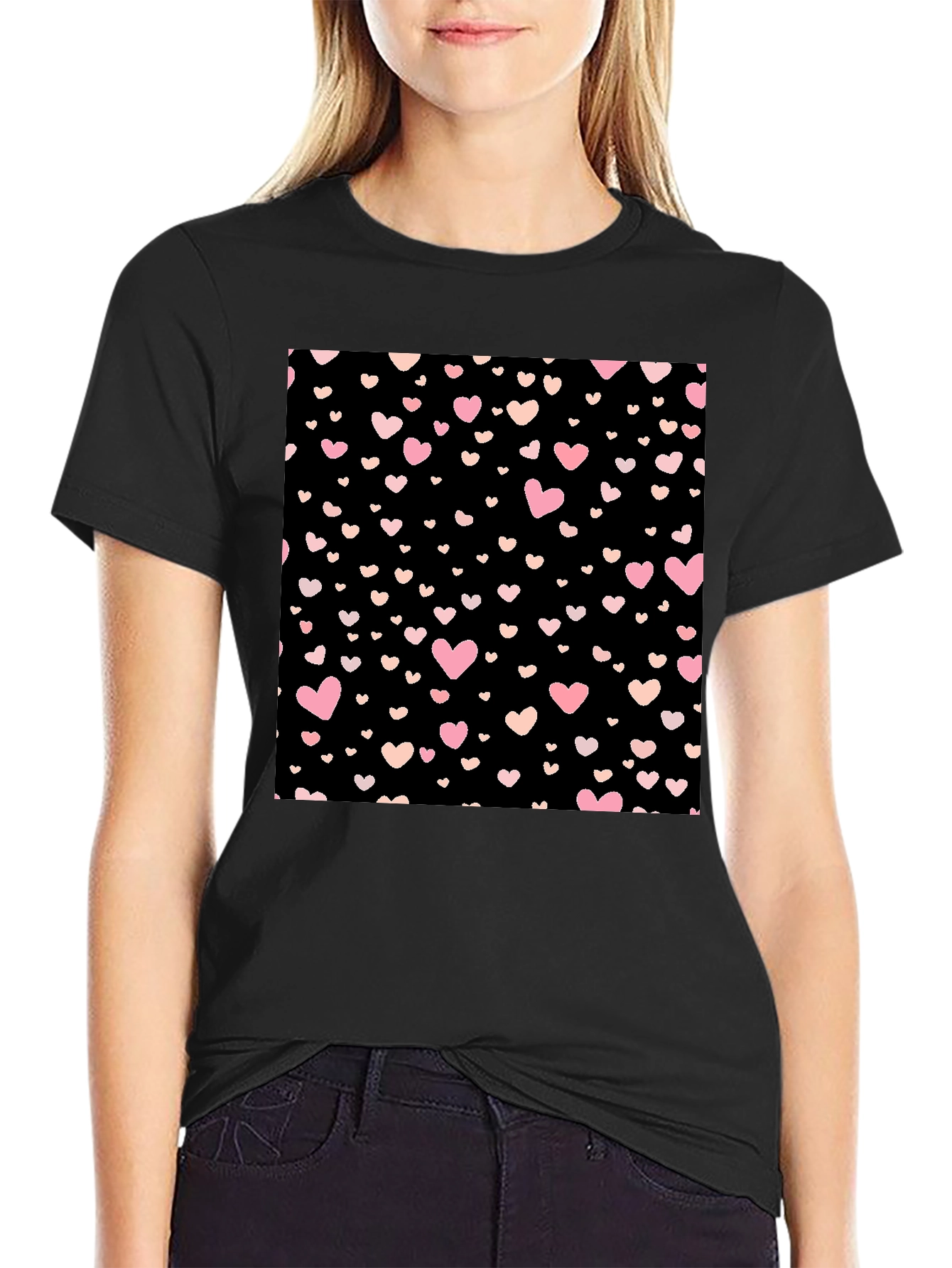 Heart Pattern Black Crew Neck T-Shirt