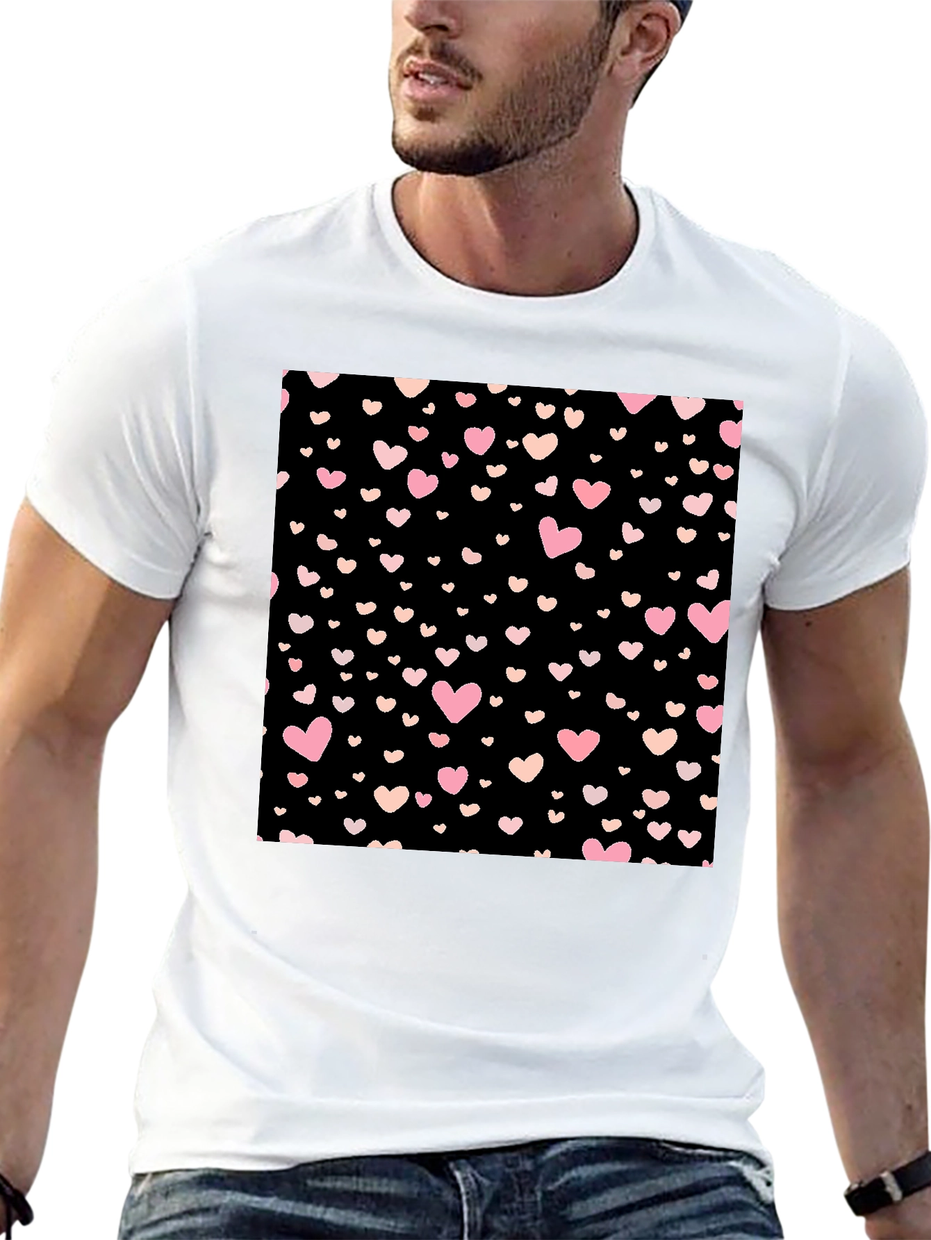 Heart Pattern Black Crew Neck T-Shirt
