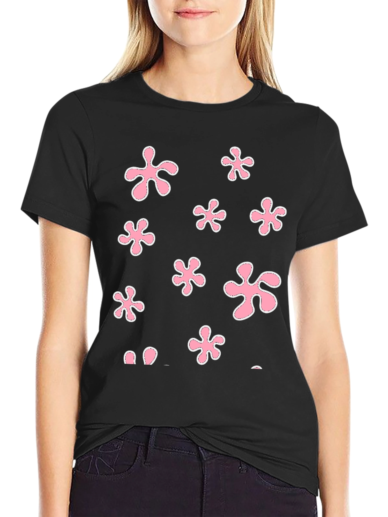 Pink Flower Power Black T-Shirt