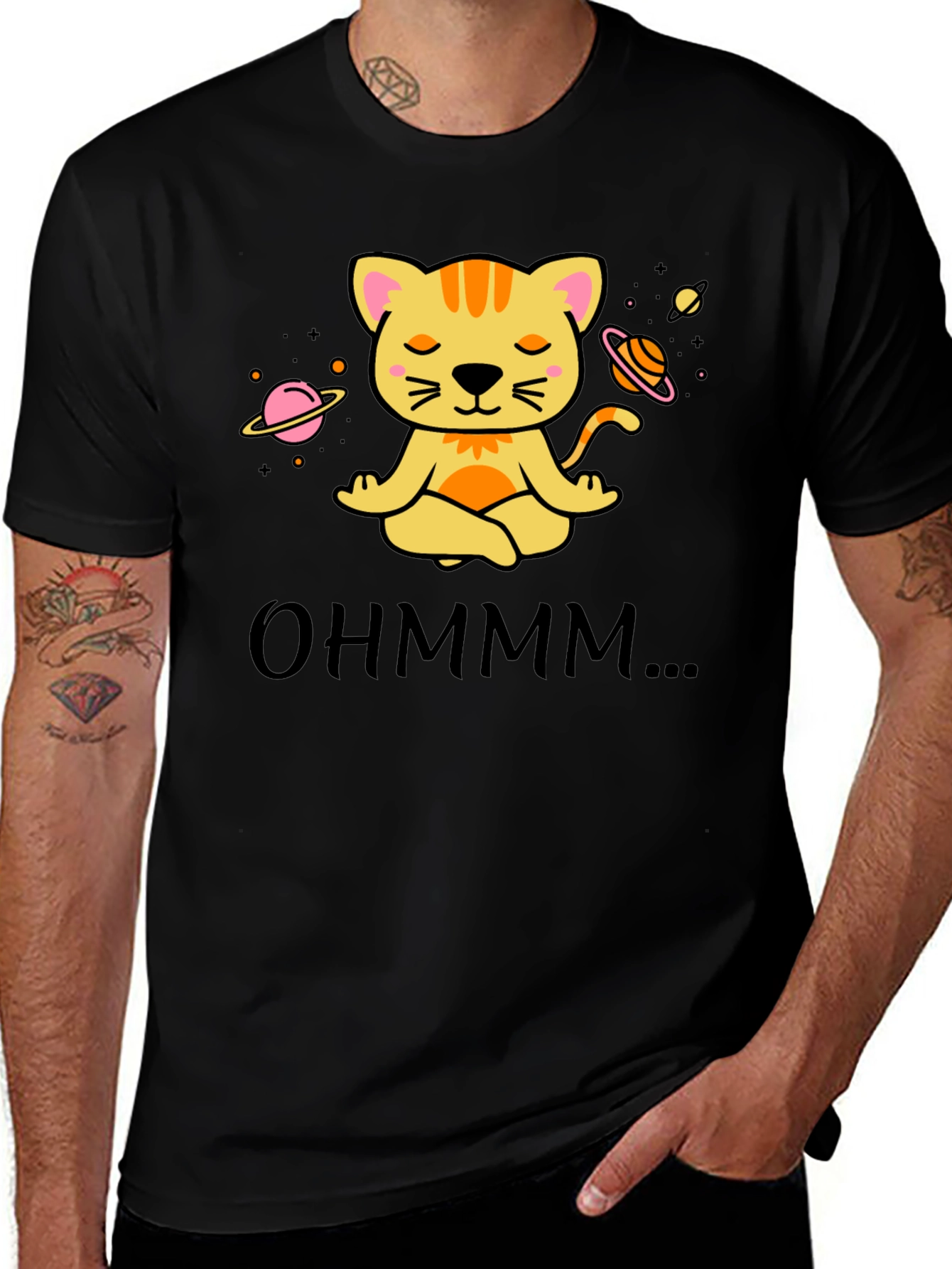Ohm Cat T-Shirt - Meditating Space Cat Design