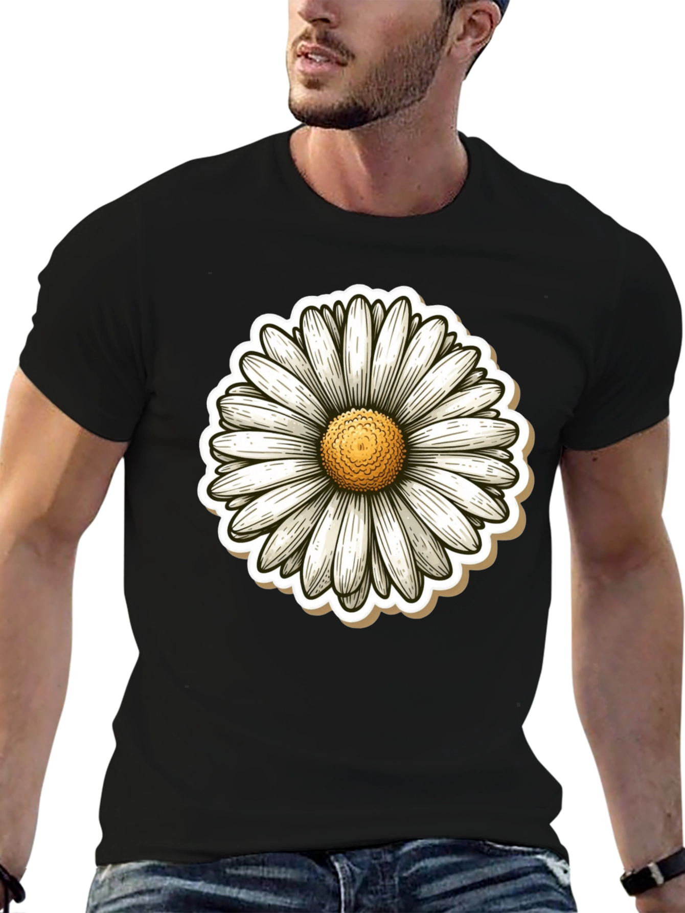 Daisy Flower Graphic Print Black T-Shirt