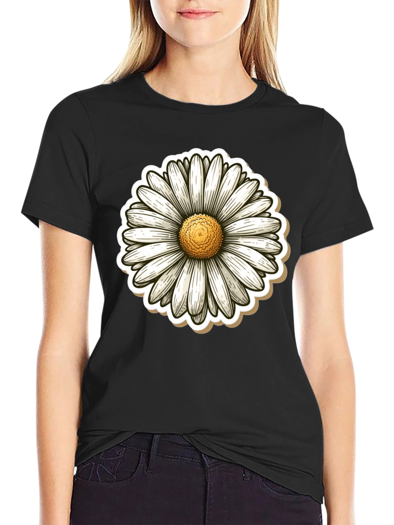 Daisy Flower Graphic Print Black T-Shirt
