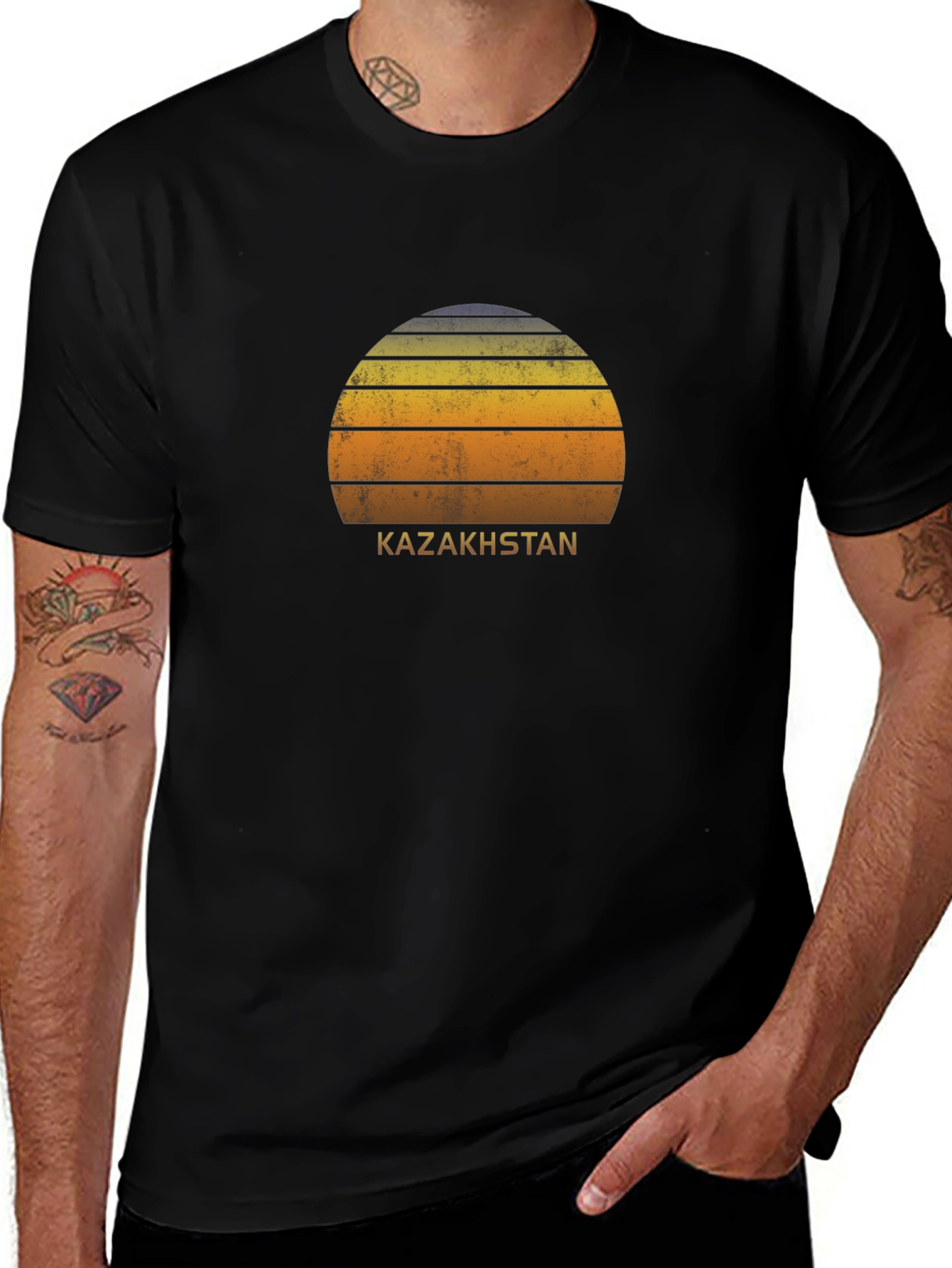 Kazakhstan Sunset Graphic Tee - Retro Style Black T-Shirt