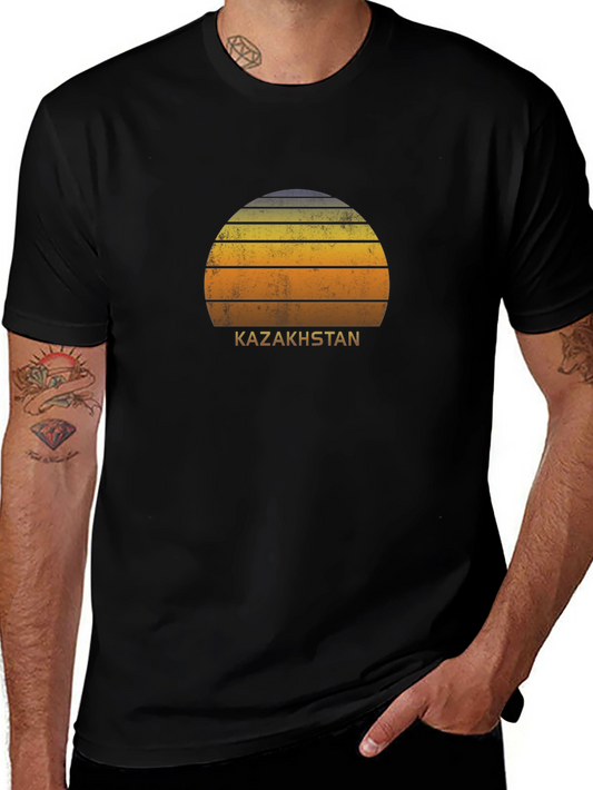 Kazakhstan Sunset Graphic Tee - Retro Style Black T-Shirt