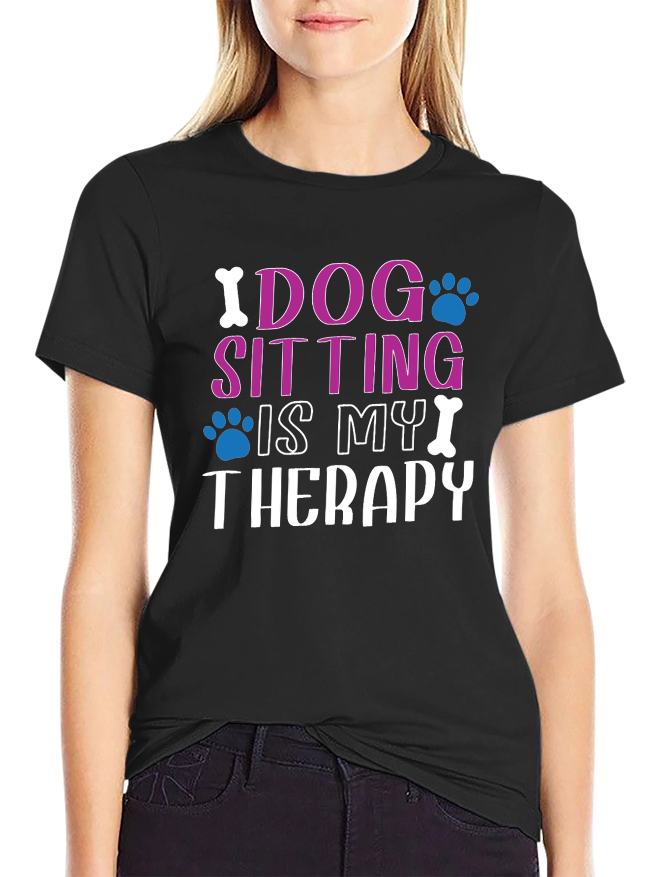 Dog Sitting Is My Therapy Black T-Shirt