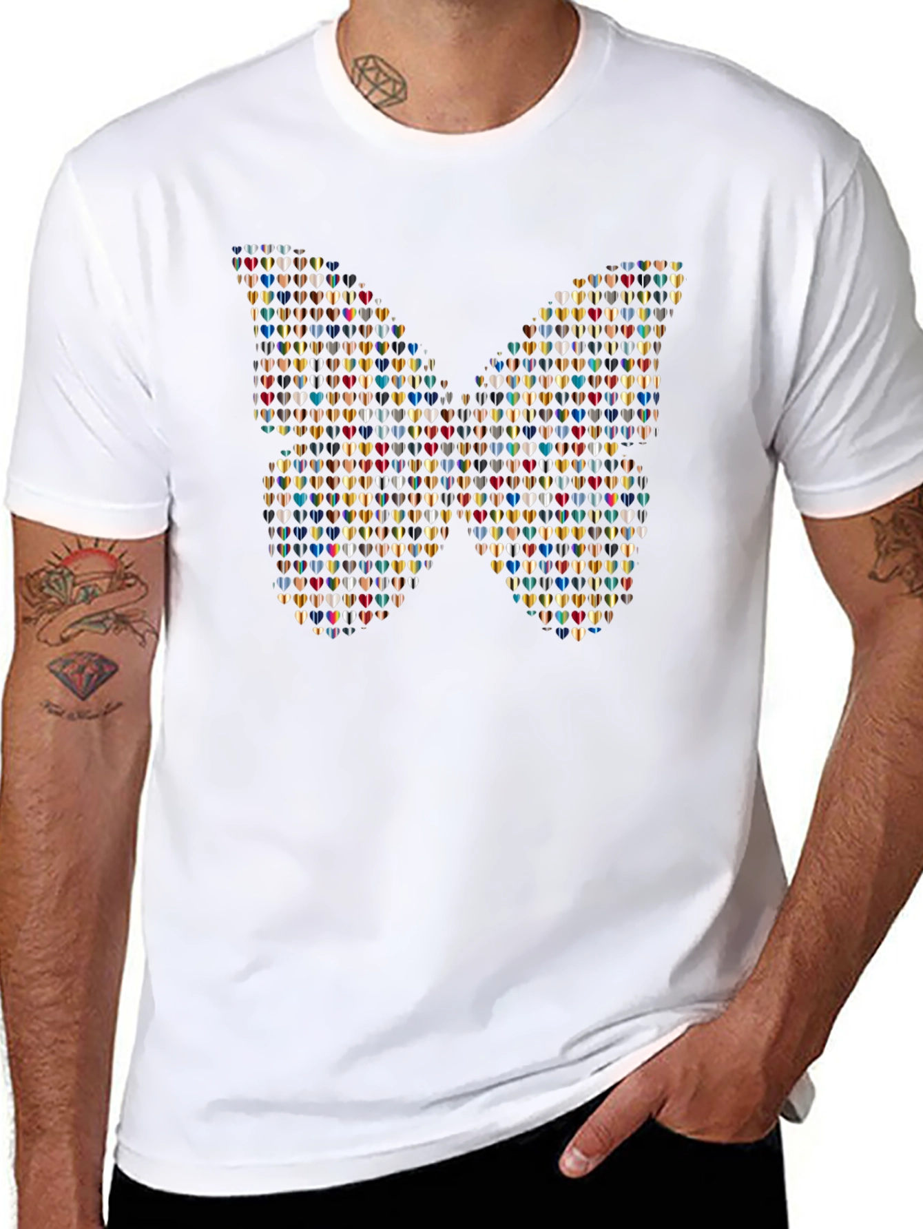 Butterfly Heart Pattern Black T-Shirt