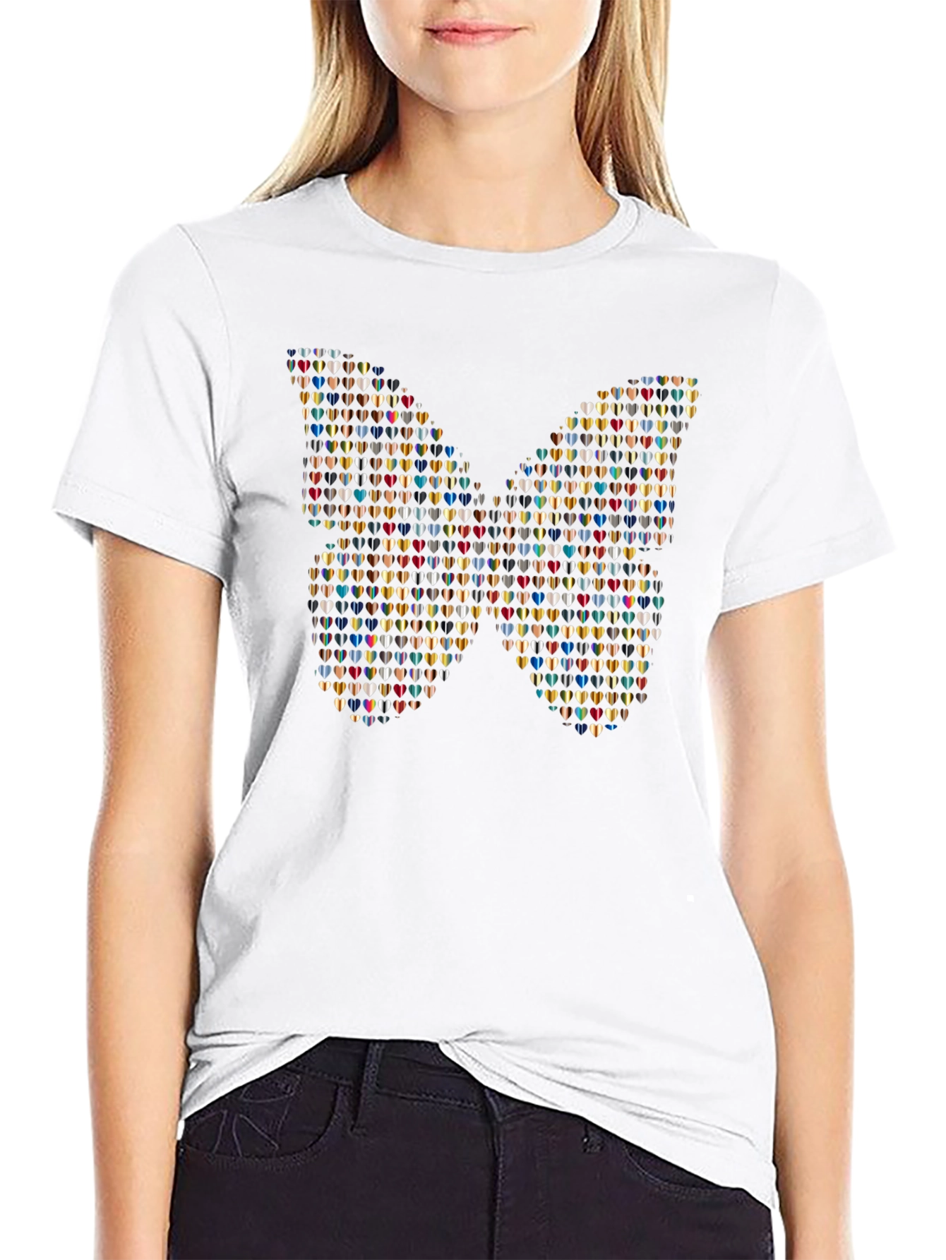 Butterfly Heart Pattern Black T-Shirt