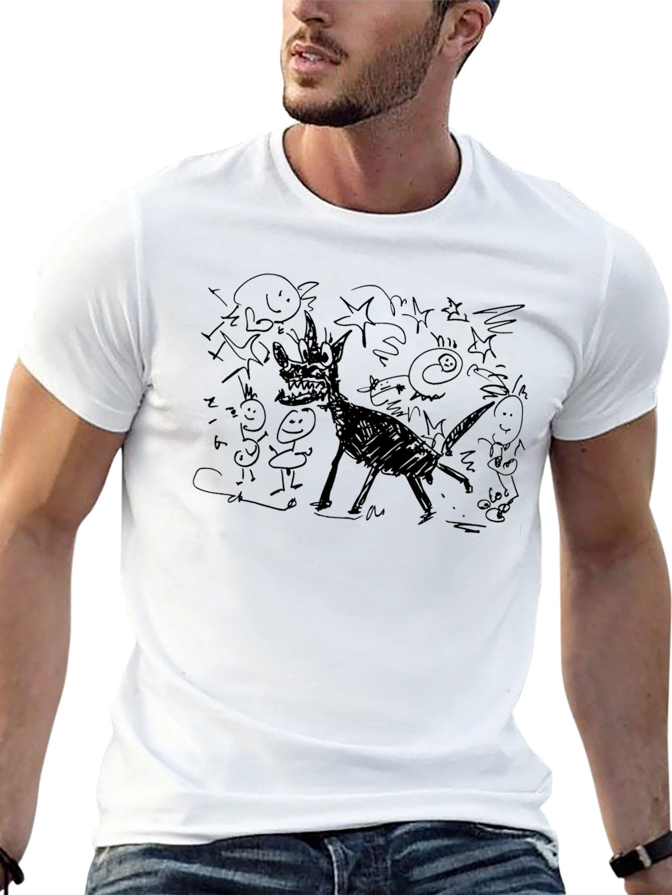 Whimsical Doodle Graphic Tee - Black Cotton Comfort