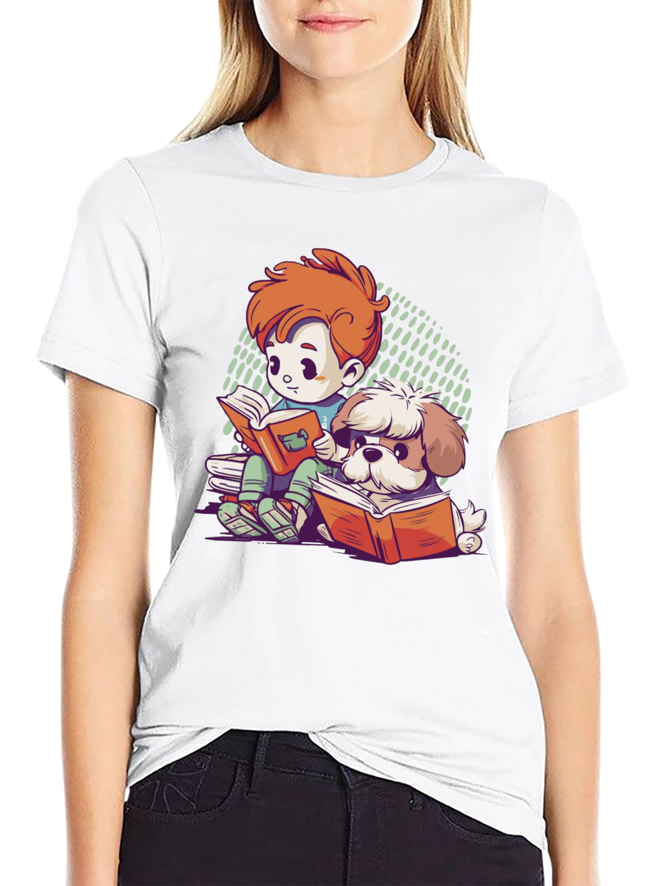 Boy & Dog Reading Cartoon T-Shirt