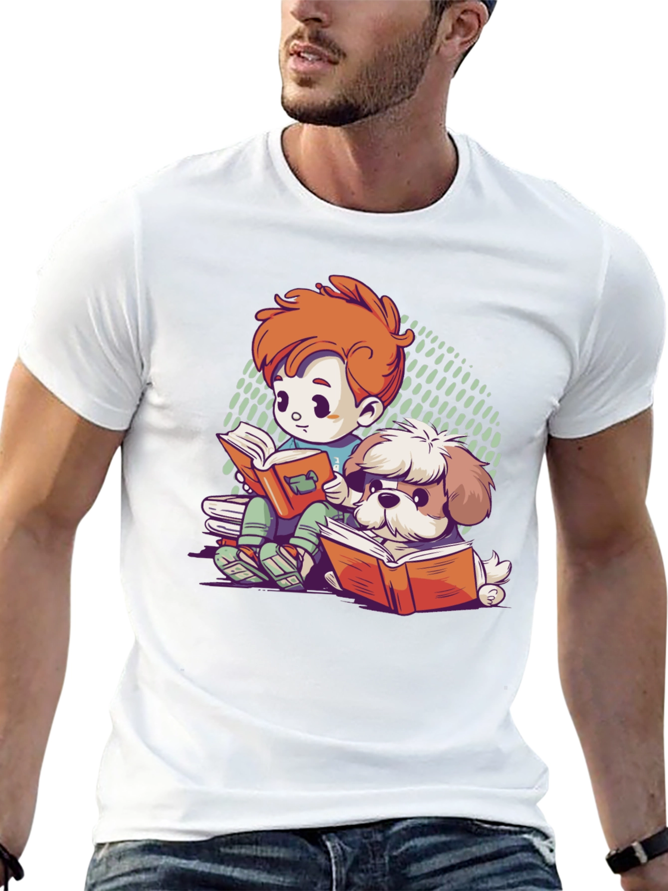 Boy & Dog Reading Cartoon T-Shirt
