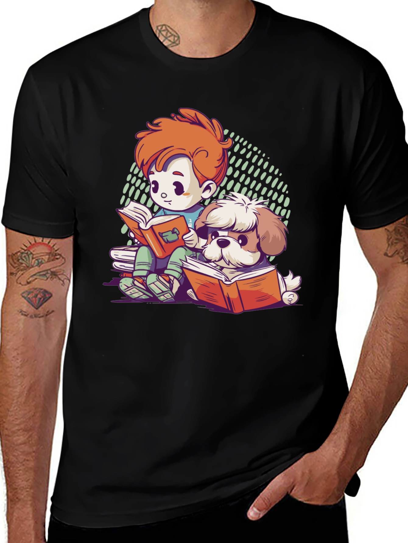 Boy & Dog Reading Cartoon T-Shirt