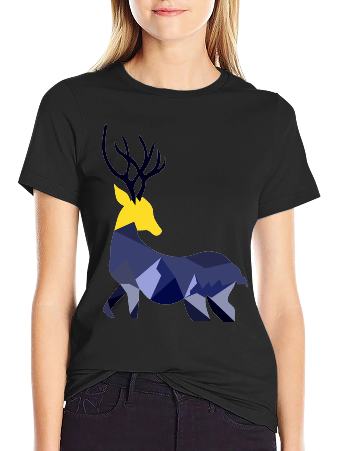 Geometric Deer Graphic Tee - Black