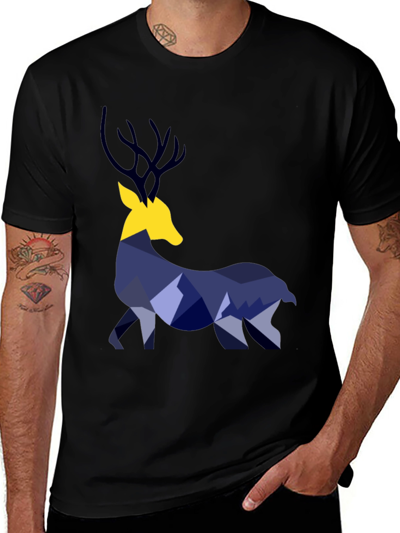 Geometric Deer Graphic Tee - Black