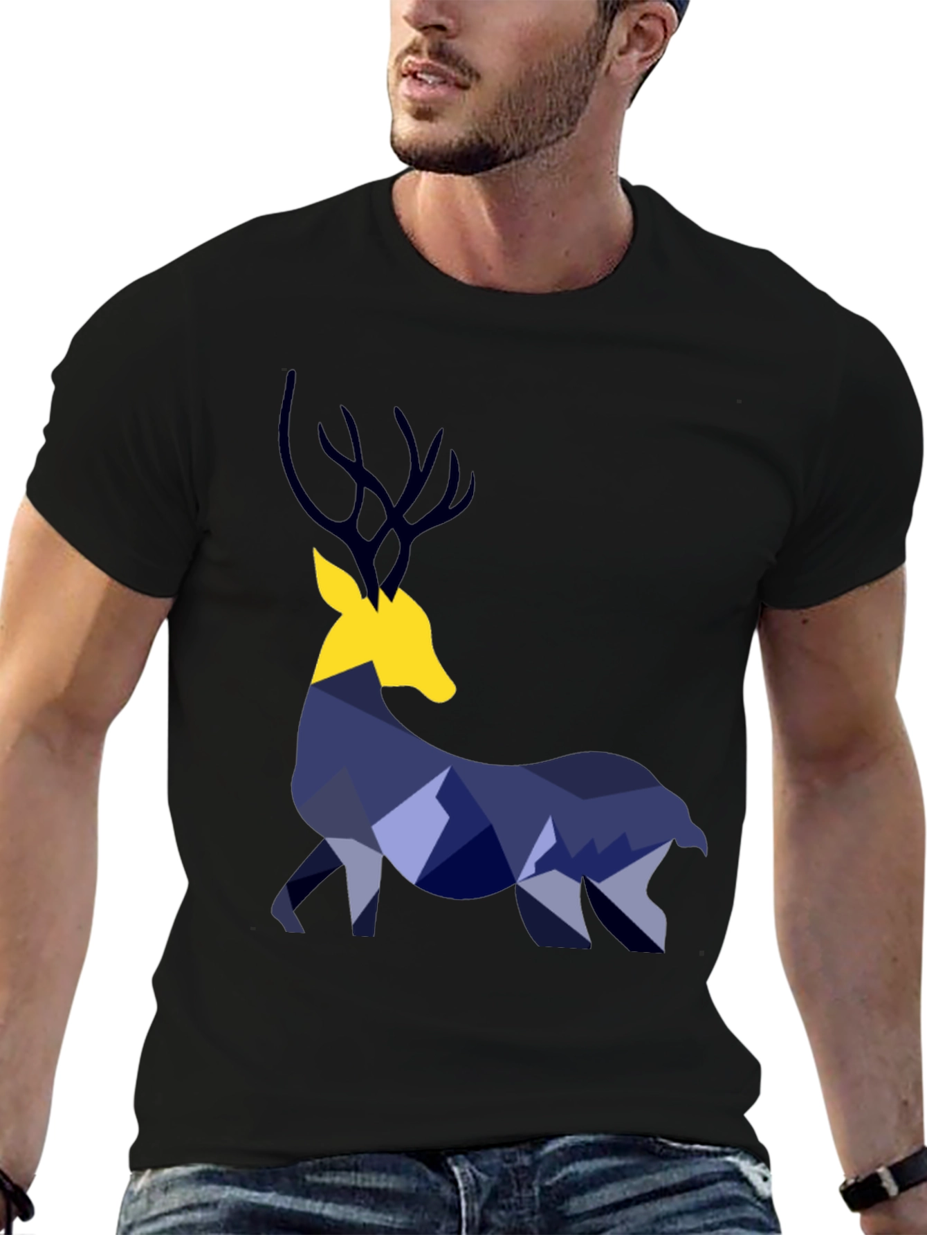Geometric Deer Graphic Tee - Black
