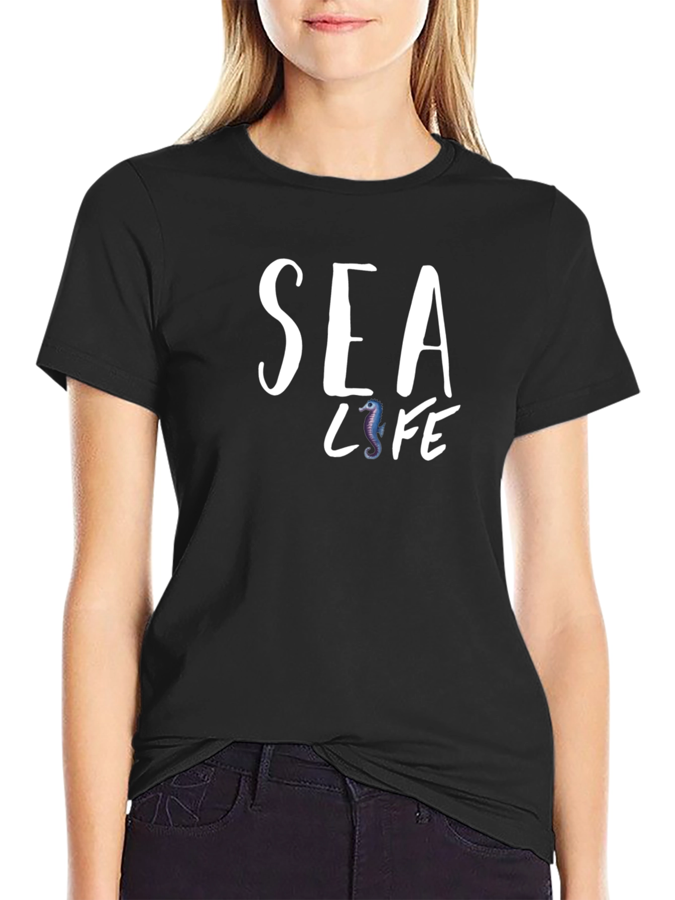 Sea Life Graphic Print Black T-Shirt