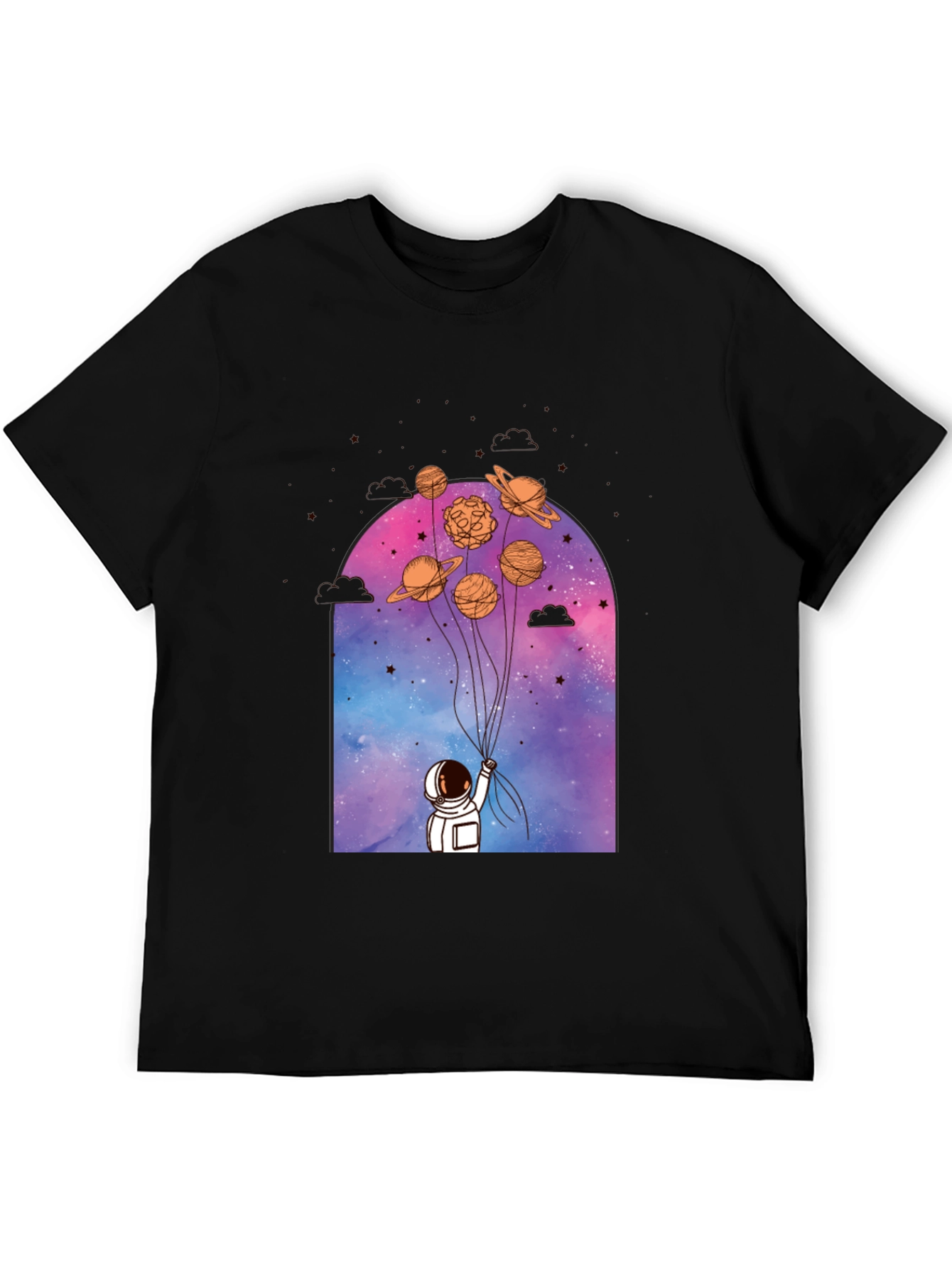 Astronaut Planet Balloons Graphic Tee - Black